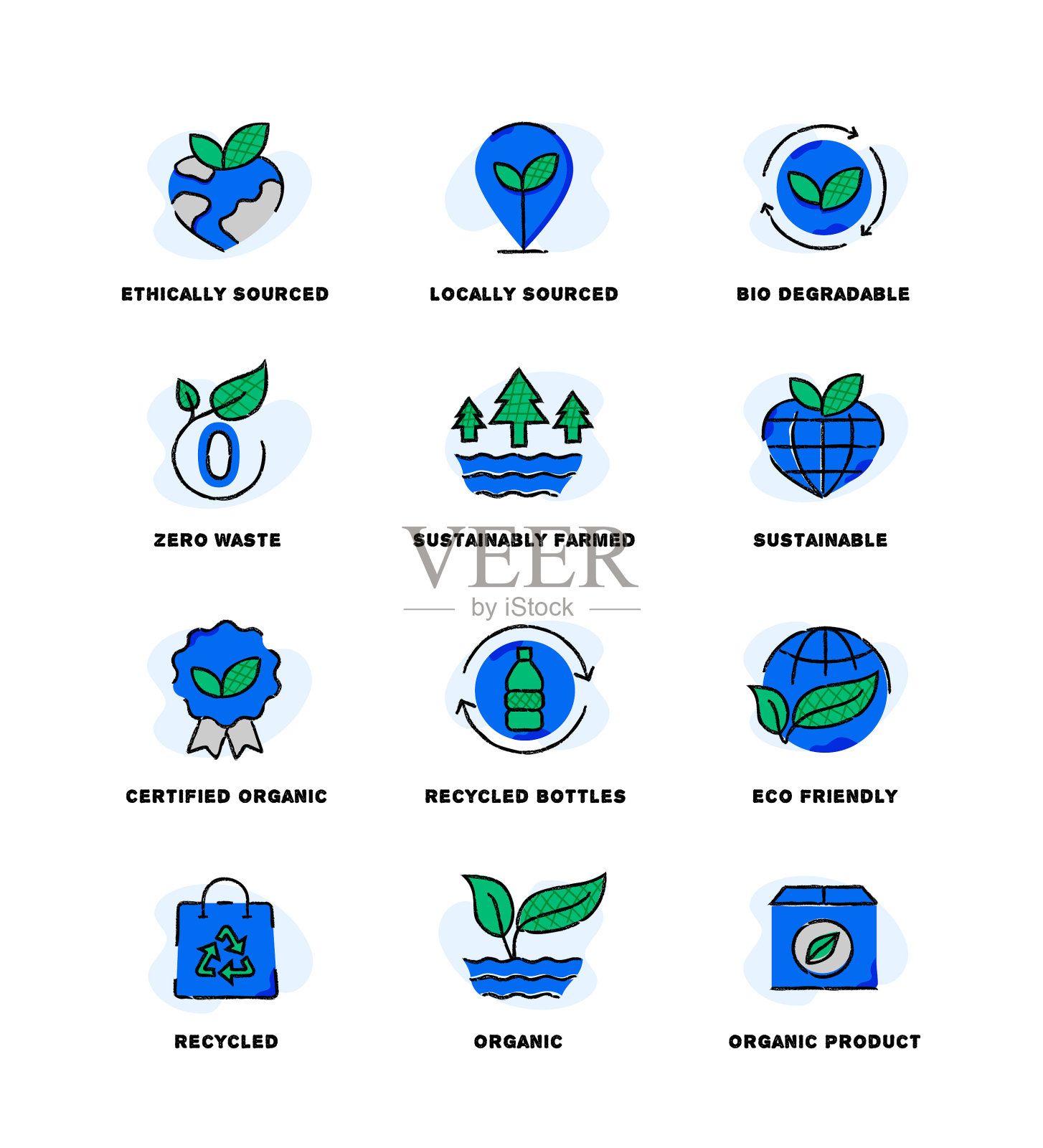 可持续和环保产品。通过我们的图标发现具有生态意识的商品,从道德来源到零浪费。浏览可持续、环保的选择。插画图片素材