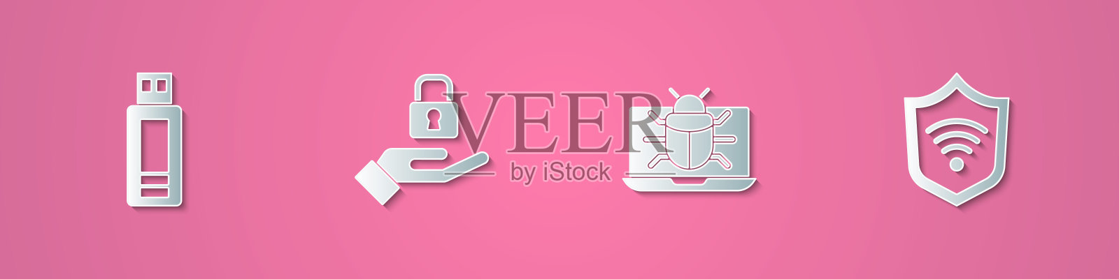 设置剪纸USB闪存驱动器,锁在手,系统bug在显示器和屏蔽与WiFi无线图标。纸艺风格。向量插画图片素材