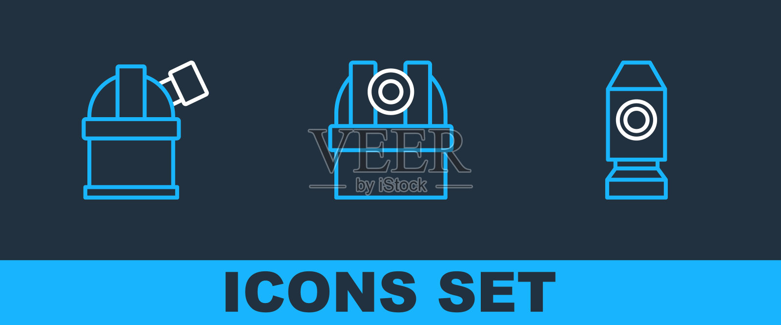 设置线火箭船,天文台和图标。向量插画图片素材