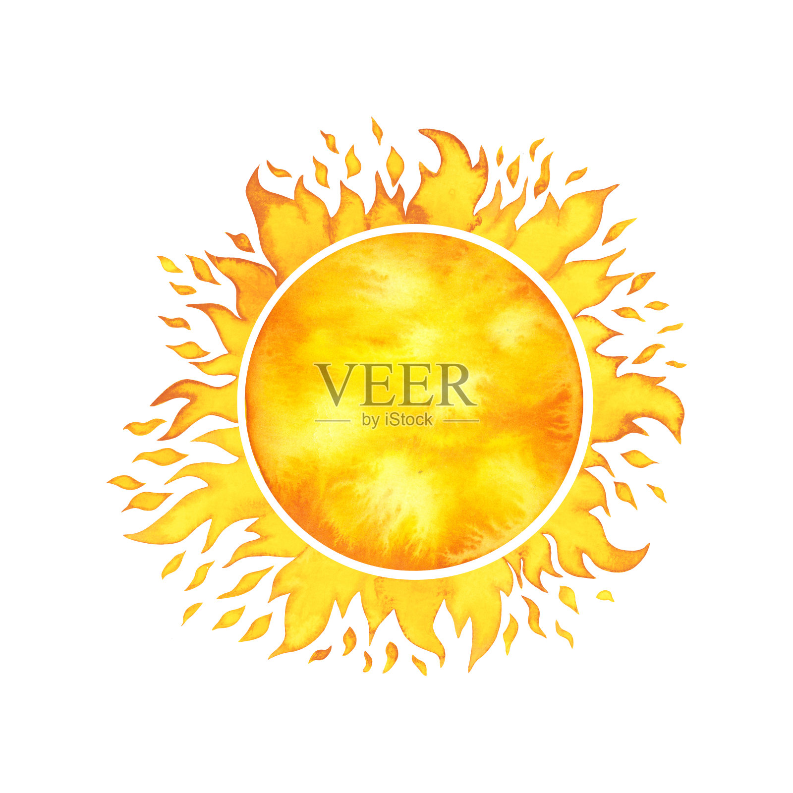 黄色和橙色明亮的太阳与光线水彩插图手绘孤立的白色。水彩飞溅太阳系插画图片素材