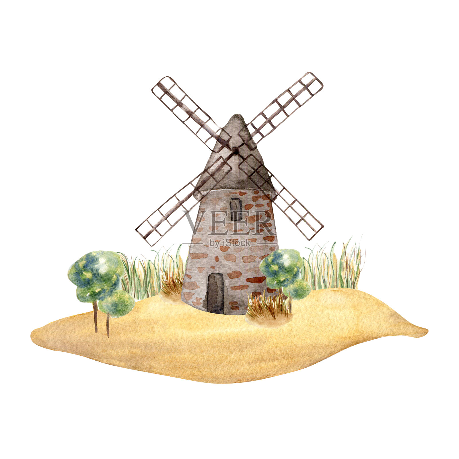 风车老式水彩插图孤立的白色背景。农村手工制作面包。彩绘磨粉厂。景观设计包装面包,面粉,杂货店,面包店插画图片素材