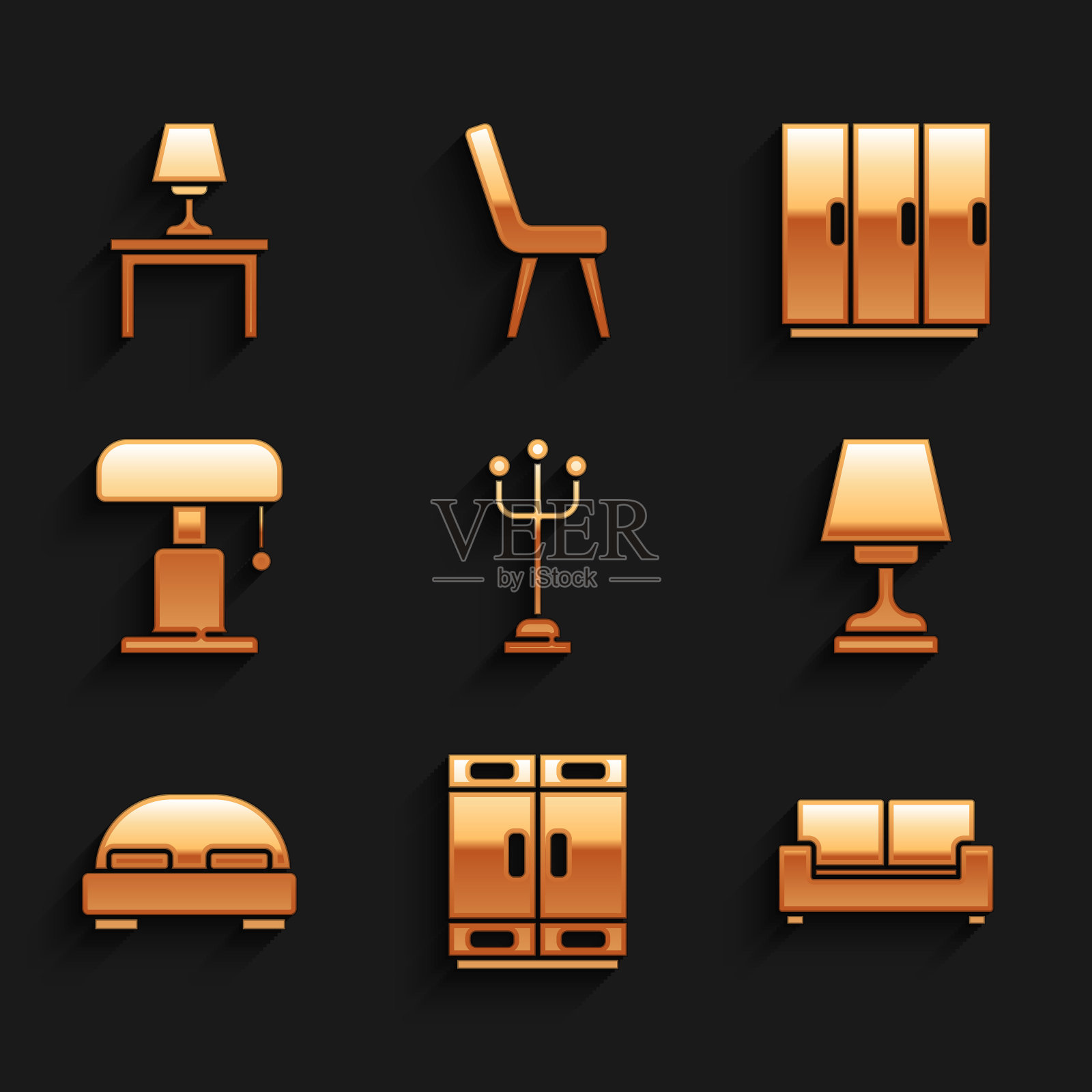集衣架,衣柜,沙发,台灯,大床,并在桌子上的图标。向量插画图片素材