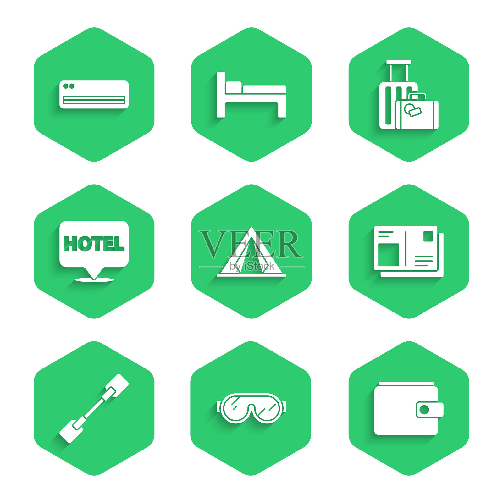 集旅游帐篷,滑雪护目镜,钱包,护照与签证印章,桨,位置酒店,行李箱和空调图标。向量插画图片素材