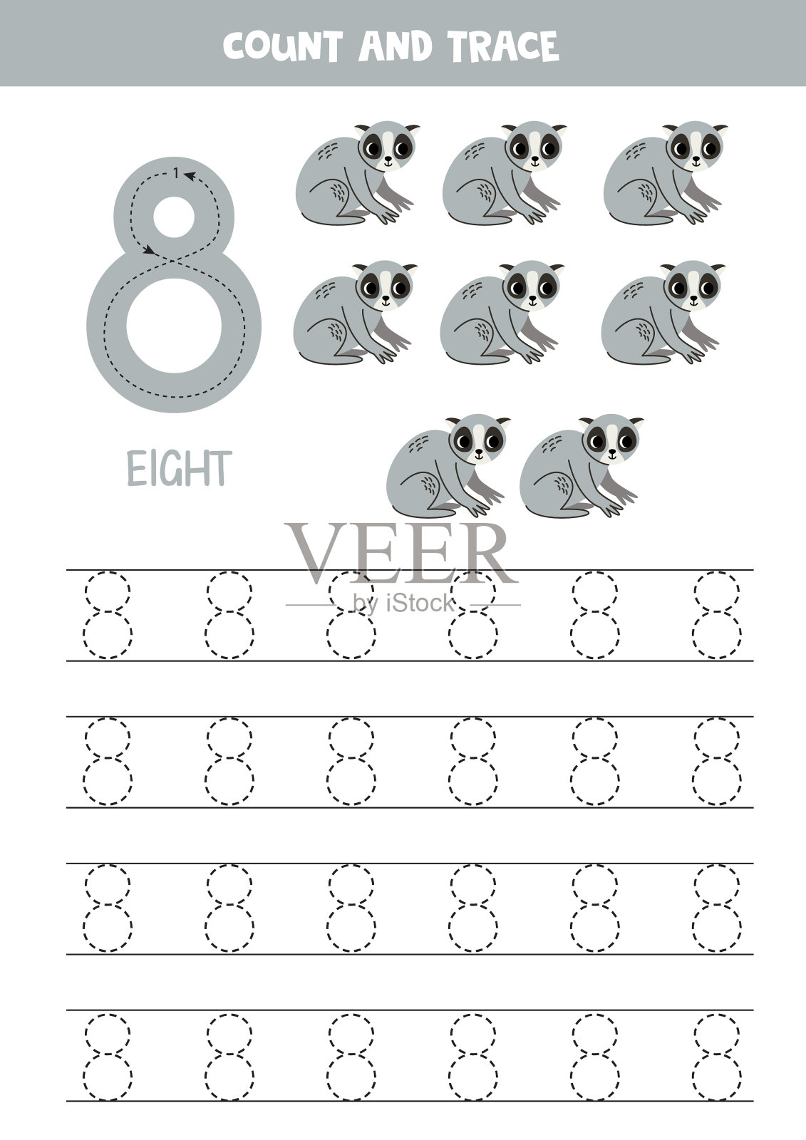跟踪号码。8号,8号。可爱的卡通懒猴。插画图片素材