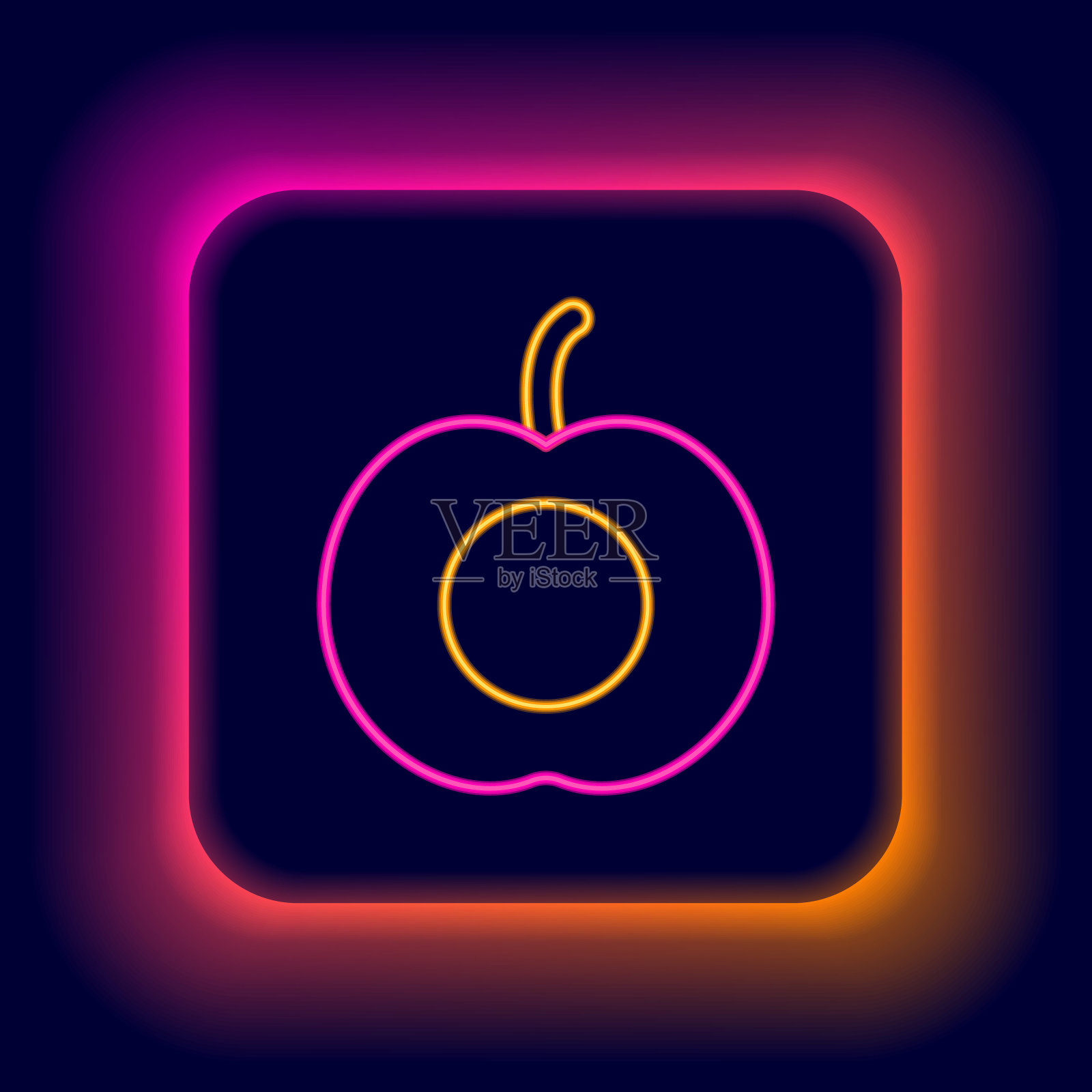 发光的霓虹灯线桃子水果或油桃与叶图标孤立的黑色背景。色彩缤纷的轮廓概念。向量插画图片素材