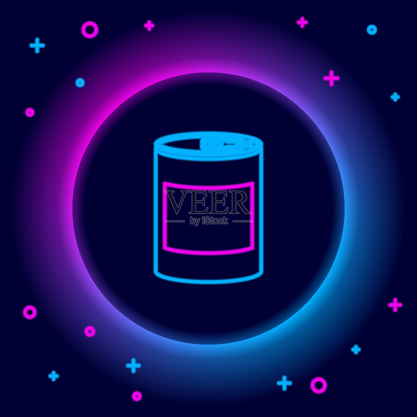 发光的霓虹灯线罐头食品图标孤立的黑色背景。动物的食物。宠物食品可以。色彩缤纷的轮廓概念。向量插画图片素材