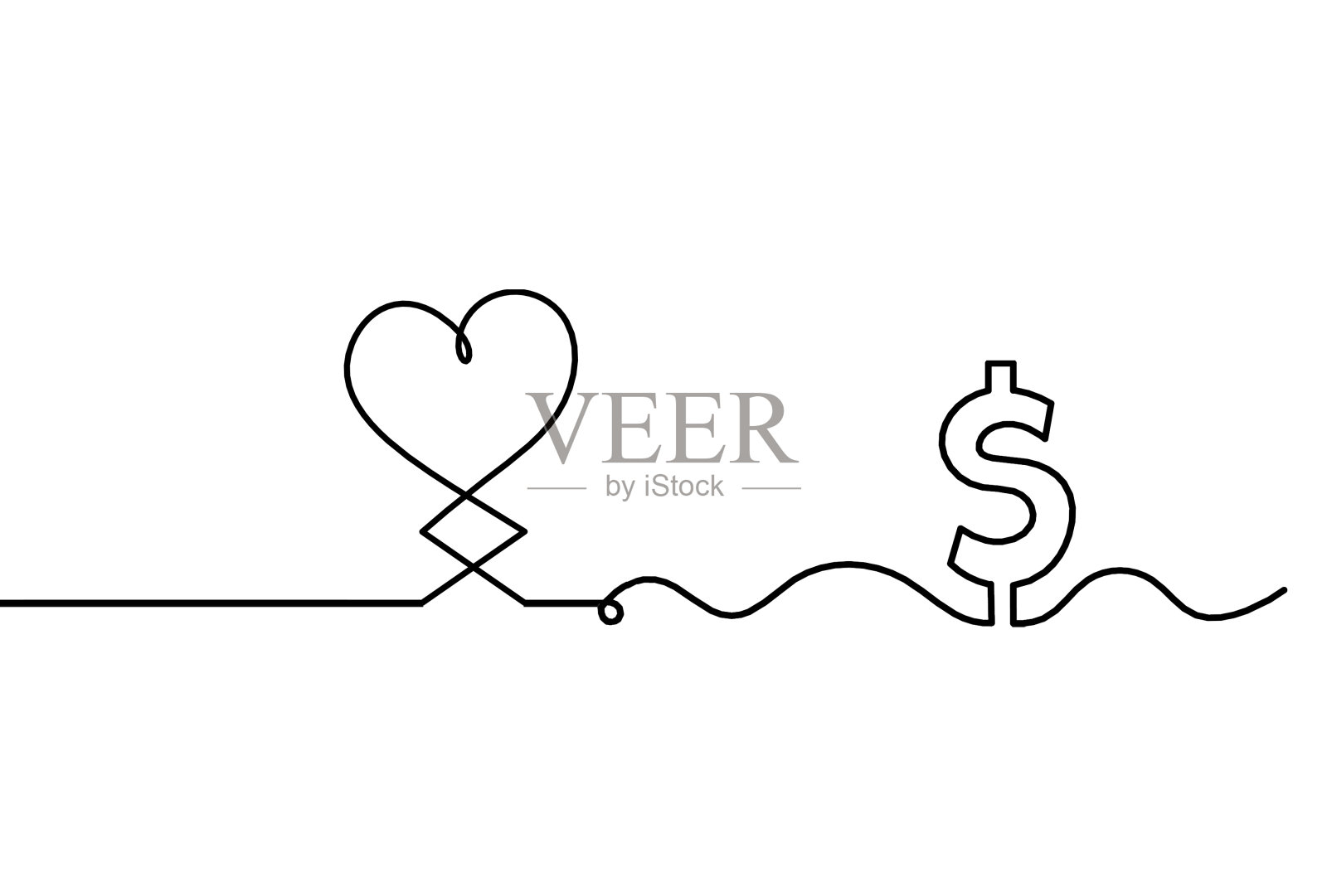 抽象的心与美元作为连续线画在白色插画图片素材
