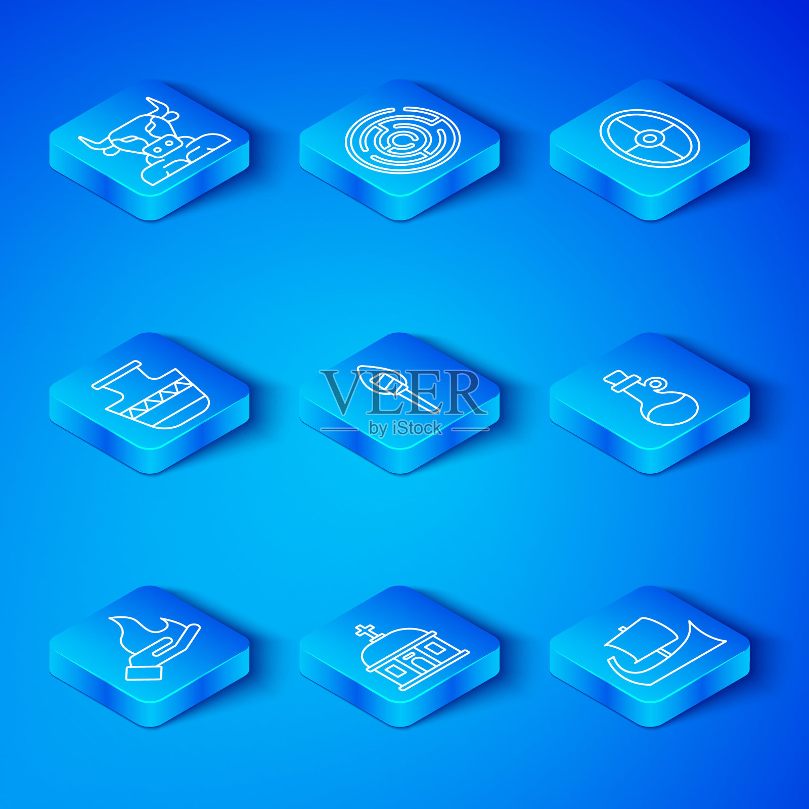 手持火,火炬火焰,圣托里尼建筑,一瓶橄榄油,希腊盾牌,古代双耳罐,牛头怪和三列河图标。向量插画图片素材