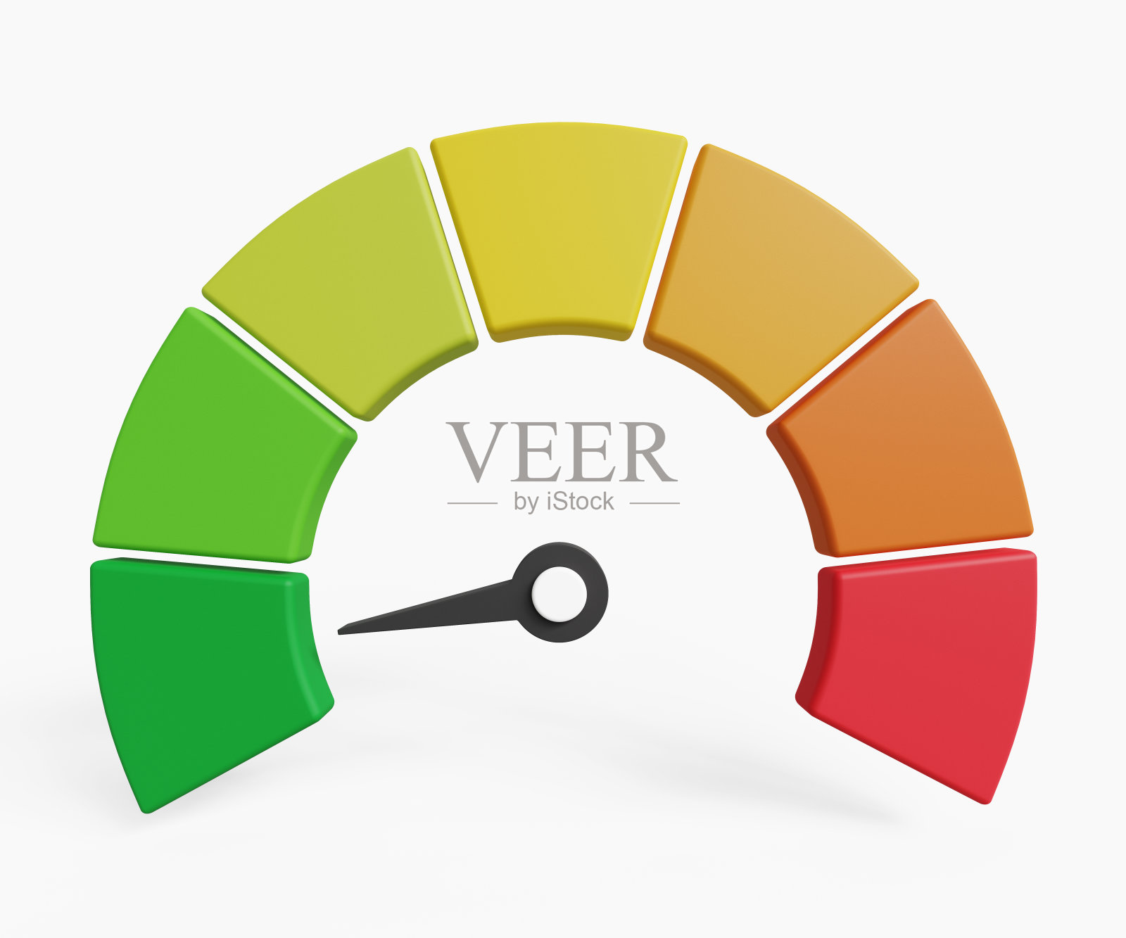 3D速度计图标。仪表,性能等级,快速拨号指示灯。风险或进步的概念。低状态绿色速度计。三维演示照片摄影图片