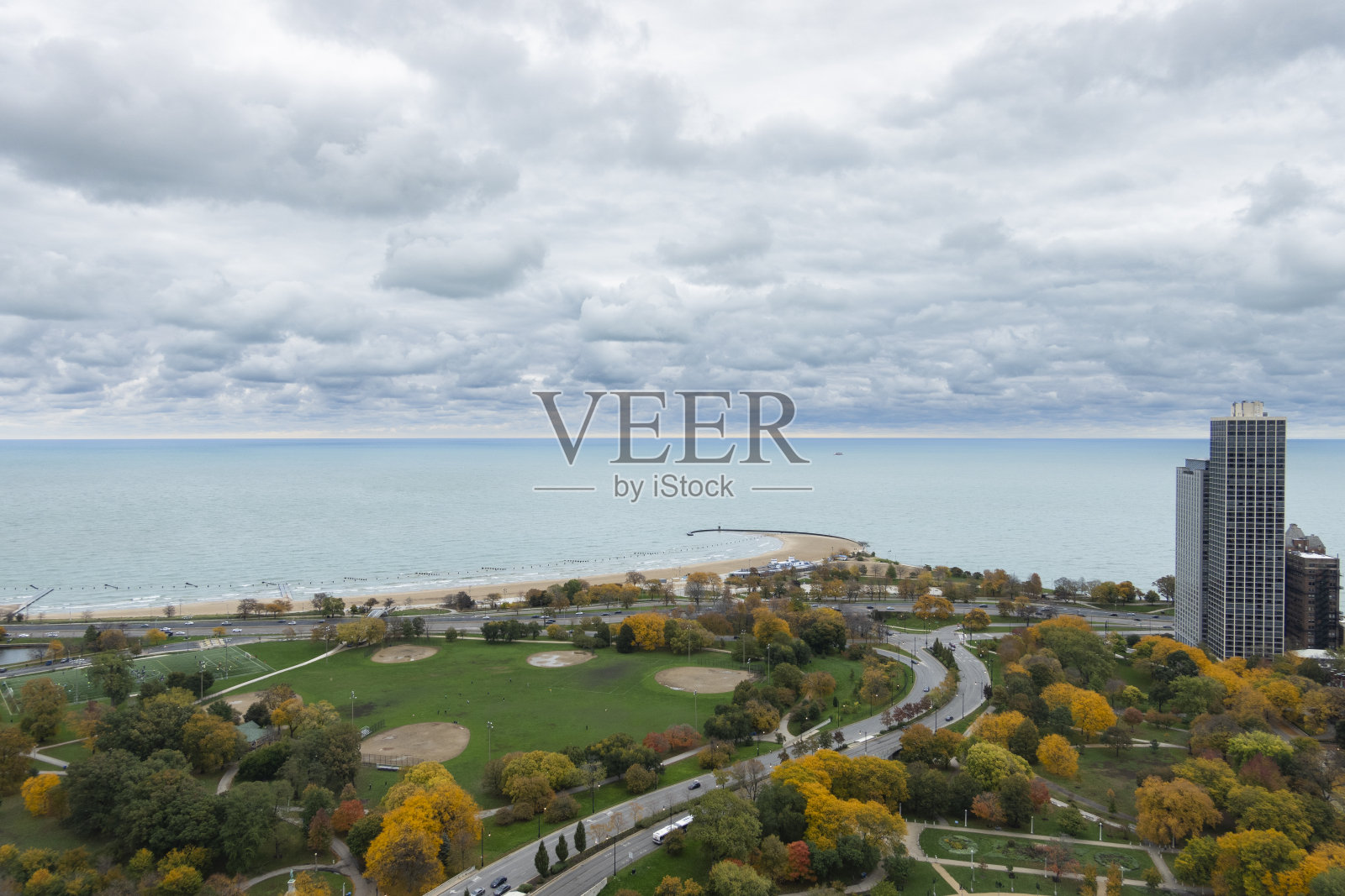 芝加哥密歇根湖的全景高角度视图照片摄影图片