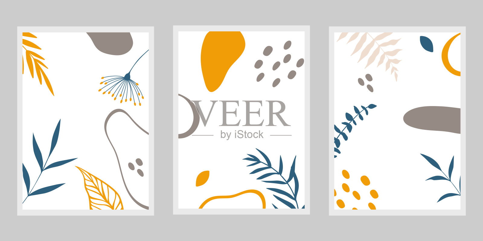 植物墙艺术矢量集。秋天的色调波西米亚叶线艺术绘画与抽象的形状。抽象植物艺术设计印刷,封面,壁纸,最小和自然的墙壁艺术。插画图片素材