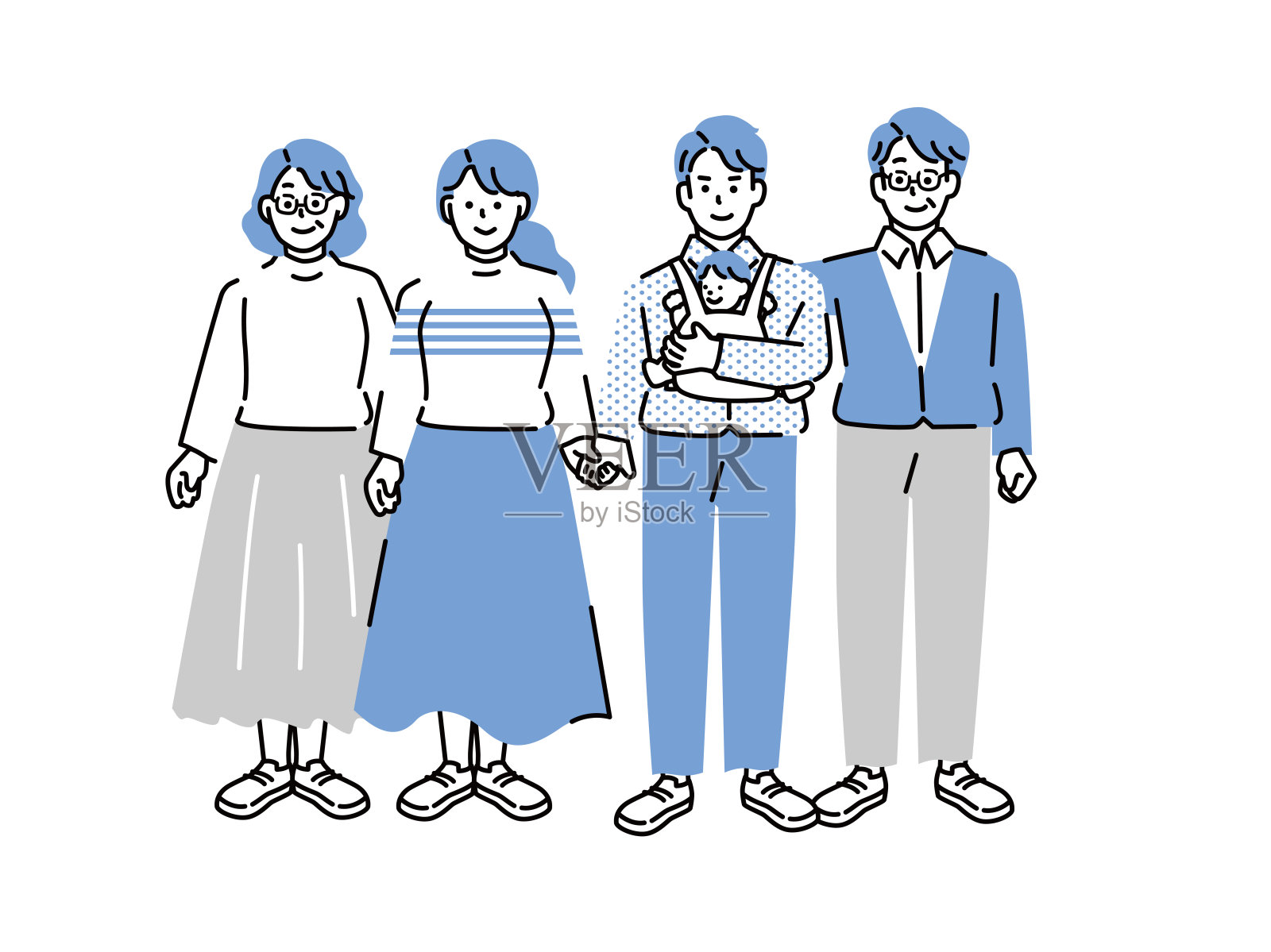 一个家庭插图。一家五口,未来,育儿,老年,贷款,储备资金,我家,第三代小学生。插画图片素材