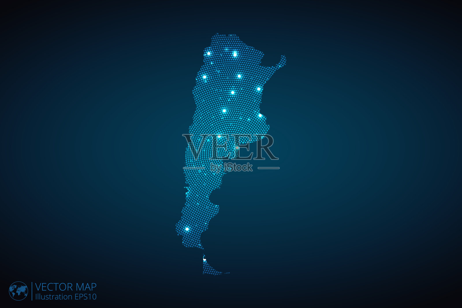 阿根廷地图采用未来主义风格的放射状星点图案,设计蓝色圆形发光的星星轮廓。深蓝色背景上的交流概念插画图片素材