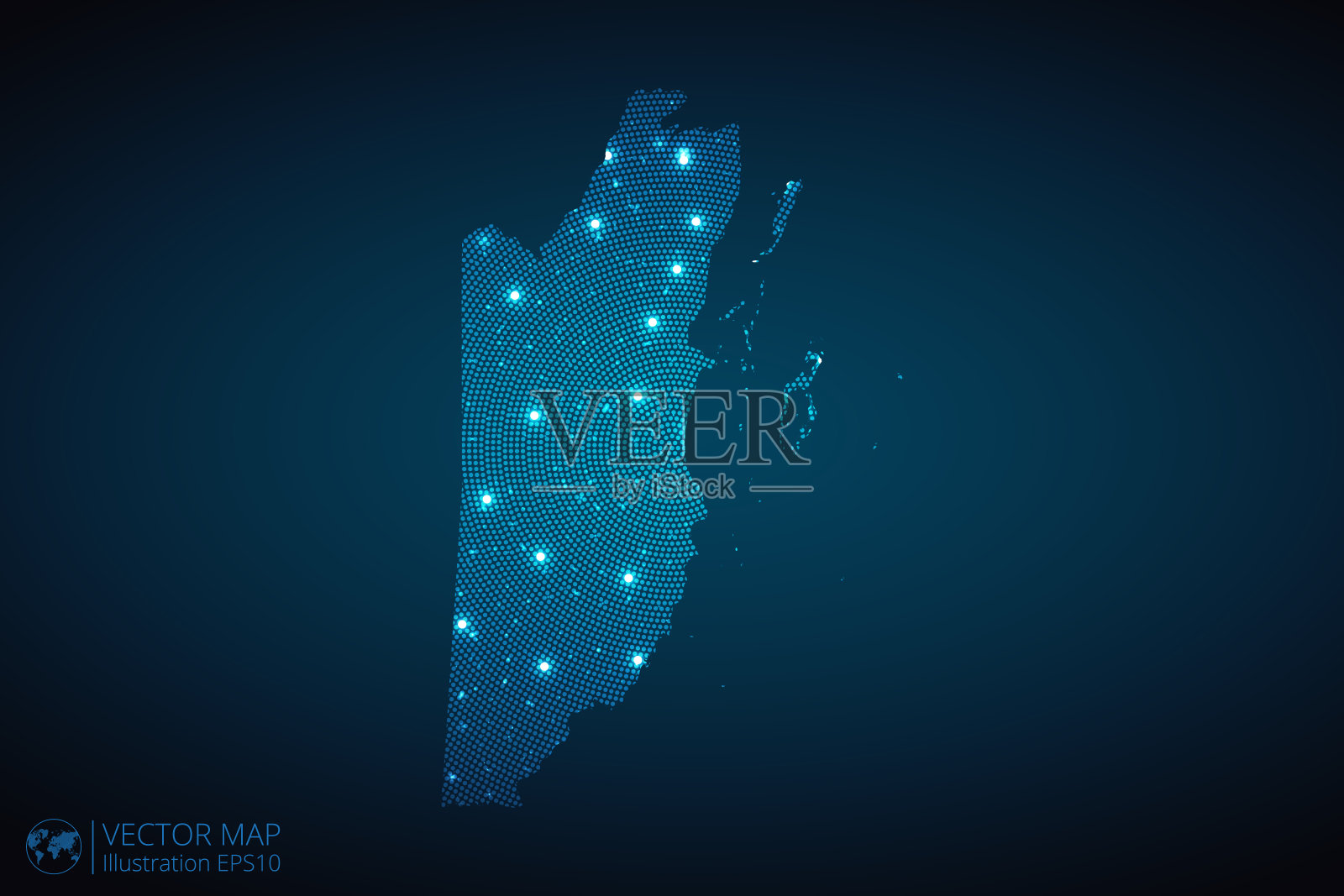 伯利兹地图采用未来主义风格的放射状星点图案,设计蓝色圆形发光的星星轮廓。深蓝色背景上的交流概念插画图片素材