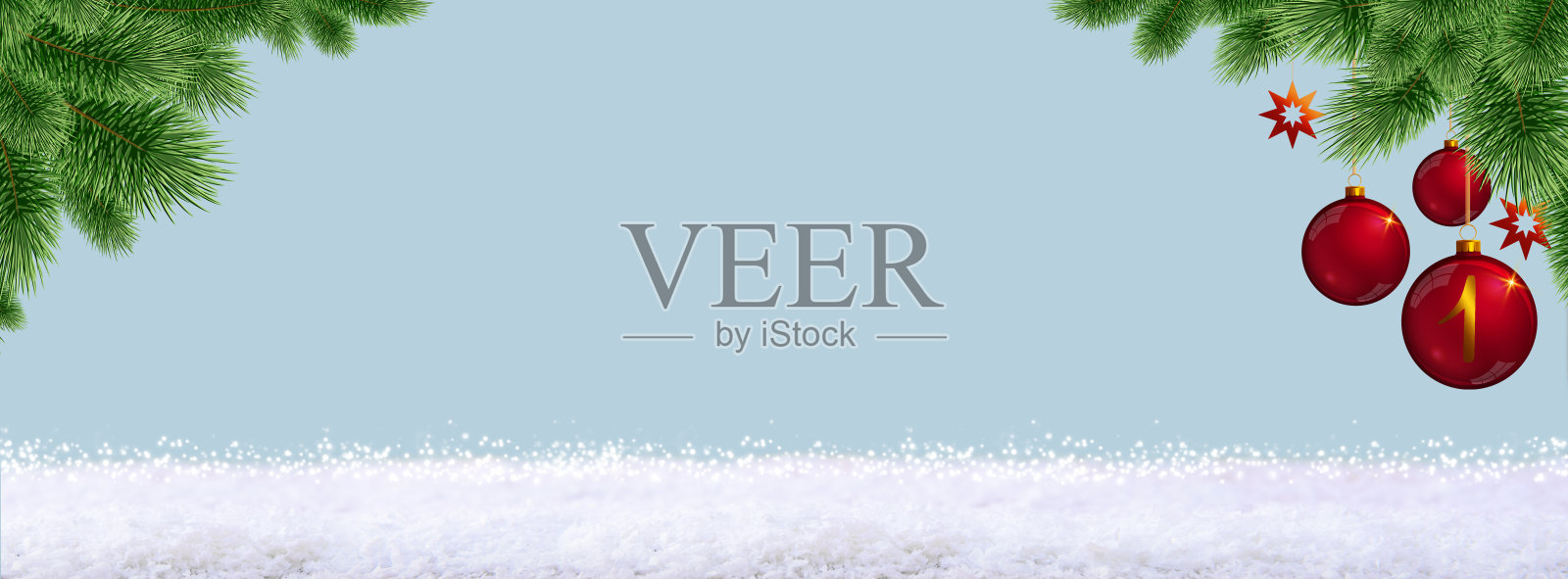 第一次出现。用冷杉树枝和红色小玩意装饰的圣诞框架。插画图片素材