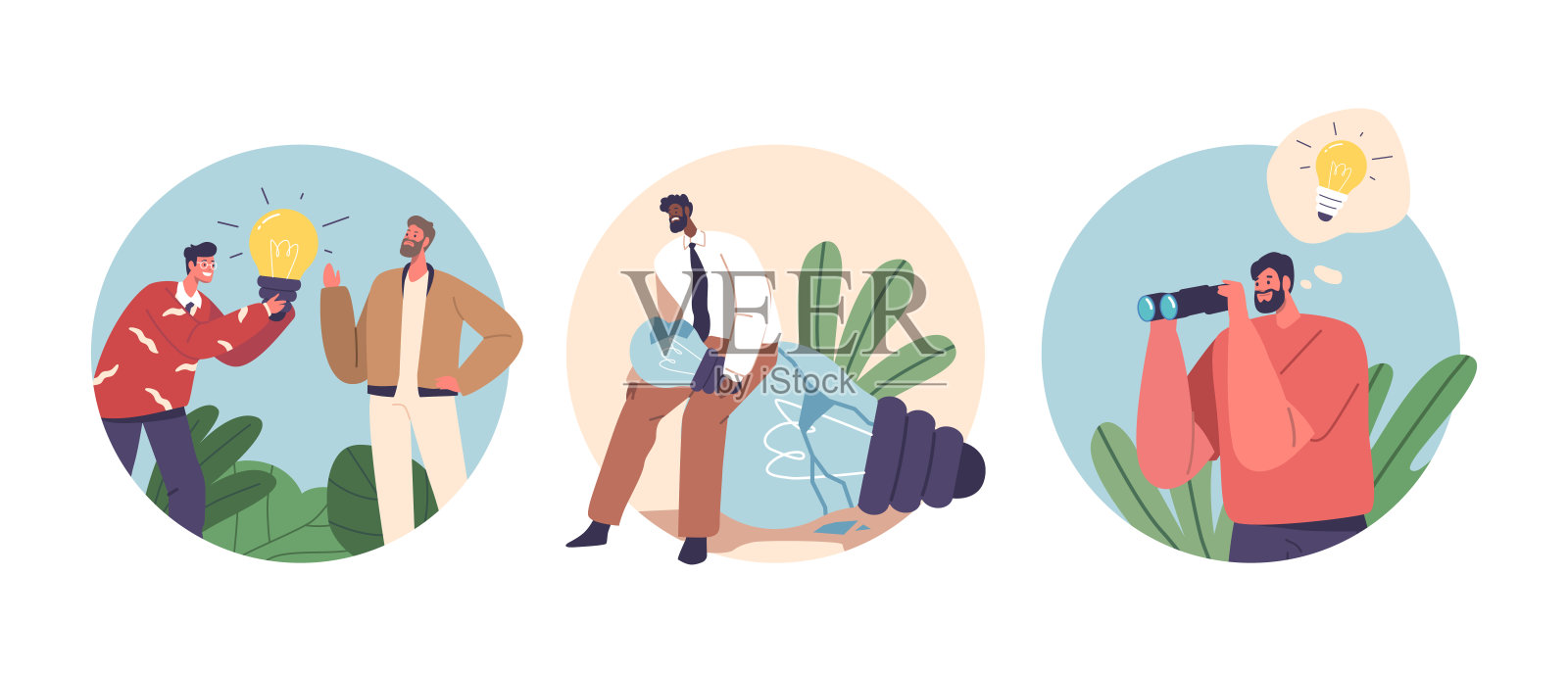 孤立的圆形图标或角色面临创意危机,无法产生创新的解决方案插画图片素材