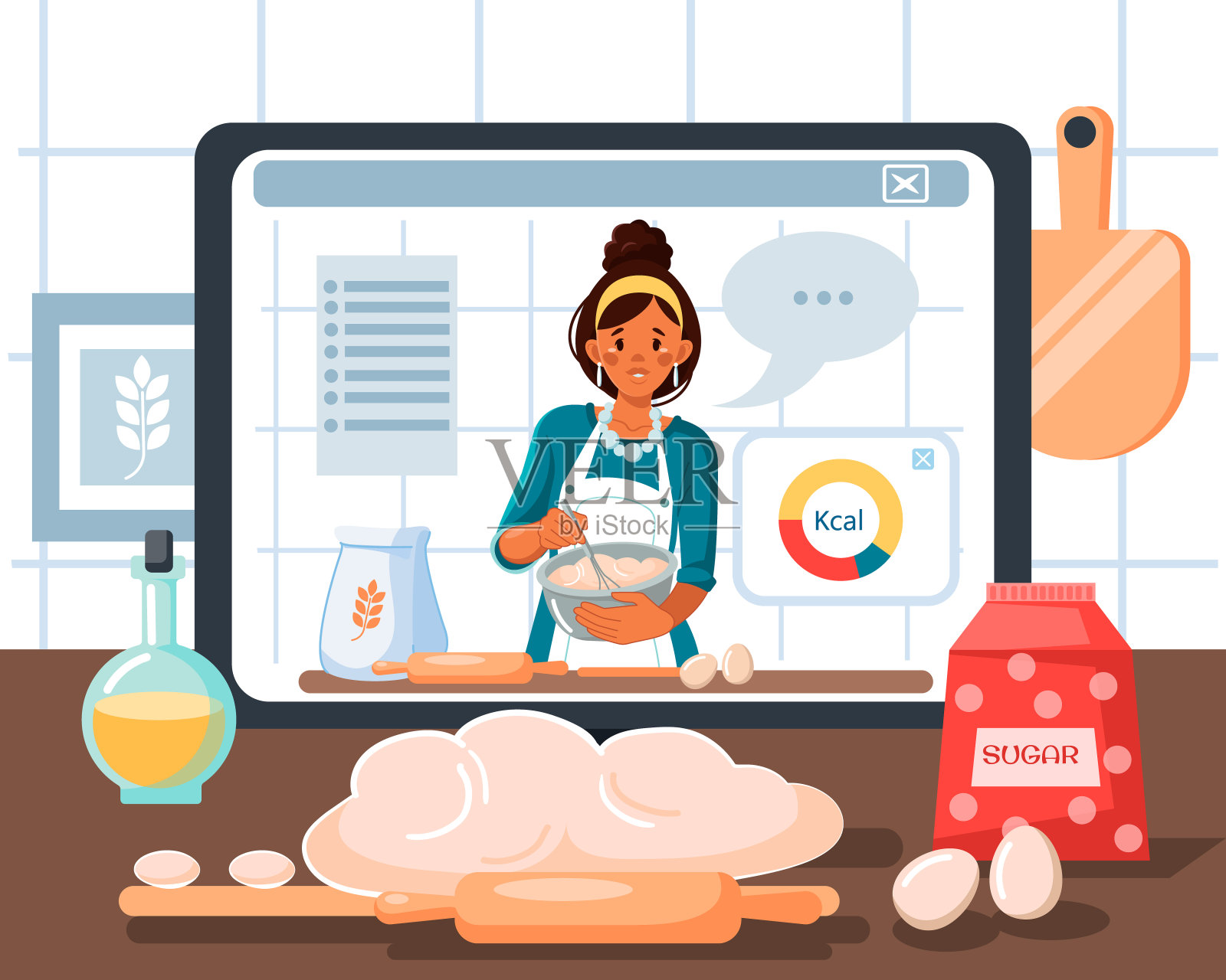 一位女厨师在厨房现场烹饪食物。矢量图插画图片素材