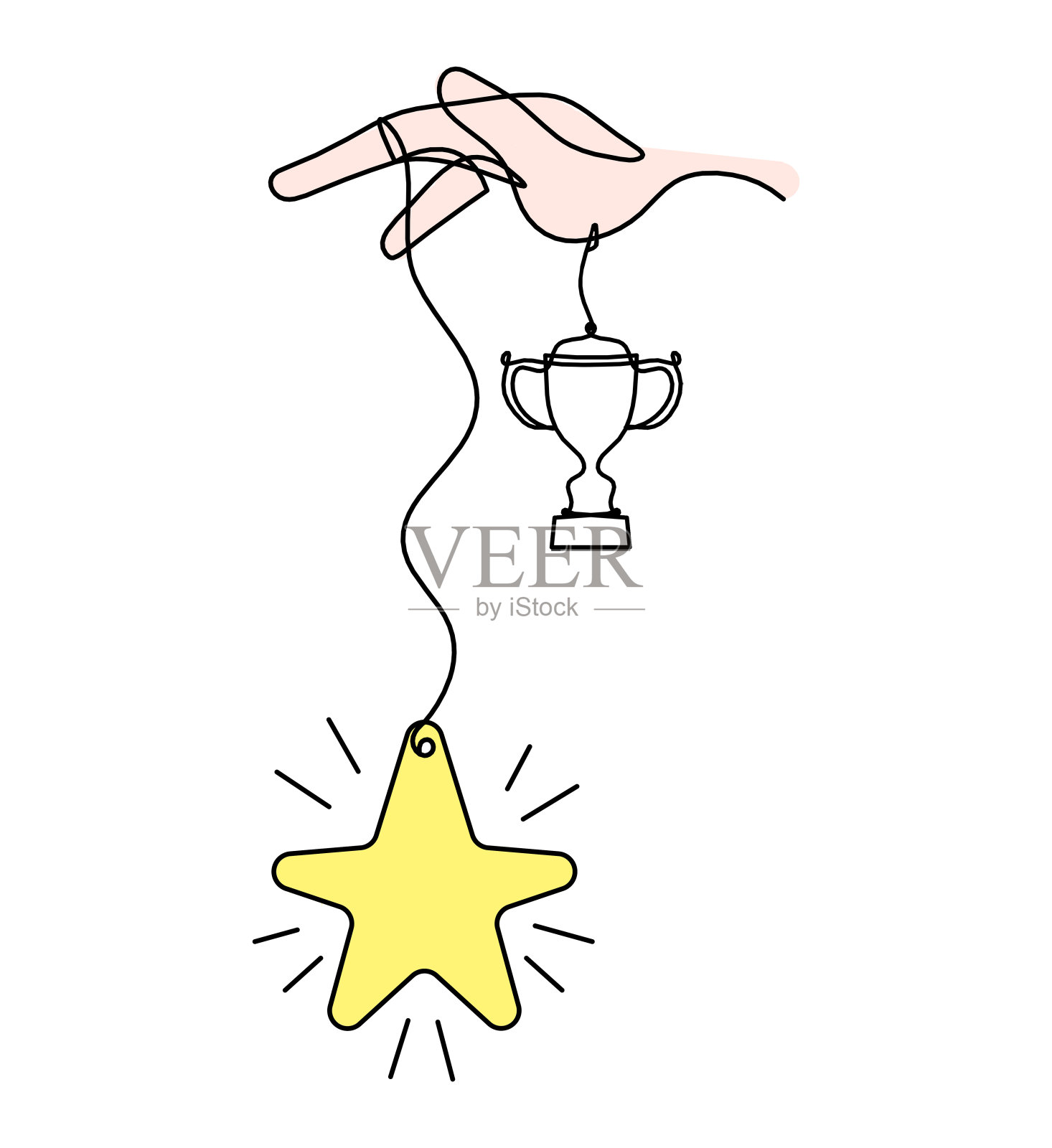 抽象彩色星与手和奖杯作为线条画在白色插画图片素材