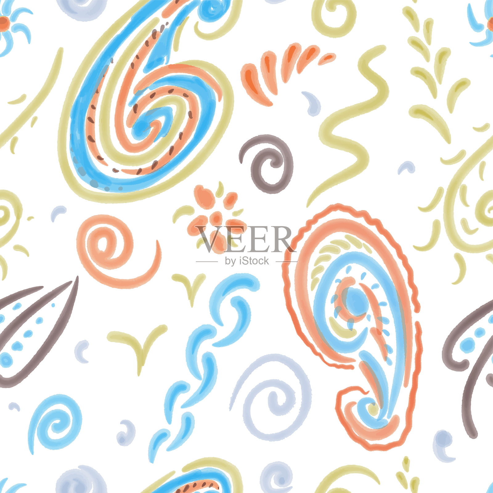 无缝背景的水彩涂鸦画不同的抽象装饰设计元素插画图片素材