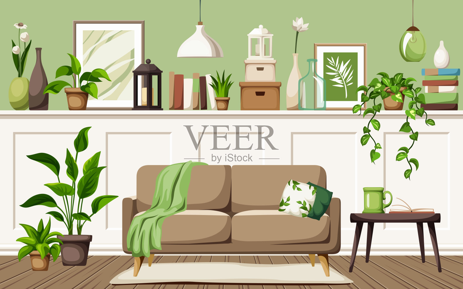 房间内部有一张沙发,一张桌子,照片和室内植物。舒适的客厅室内设计。卡通矢量插图插画图片素材