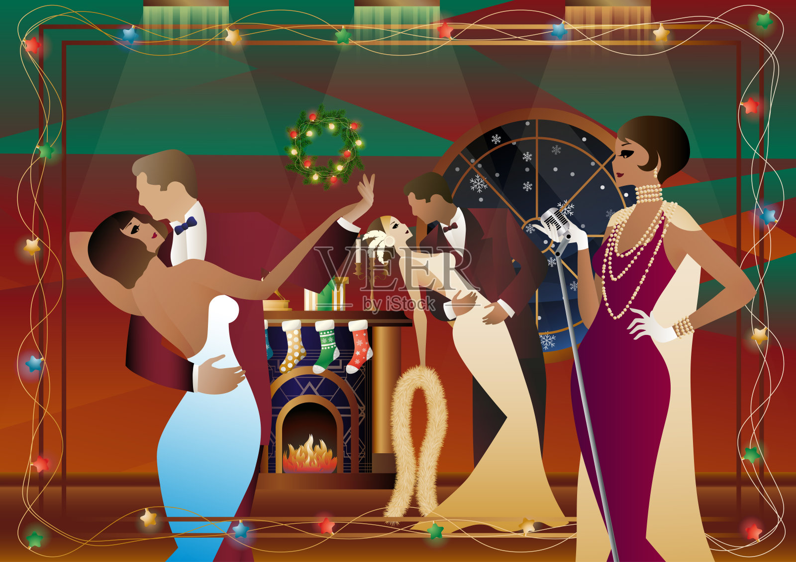 身着复古长裙的年轻女子在壁炉旁拿着复古麦克风插画图片素材