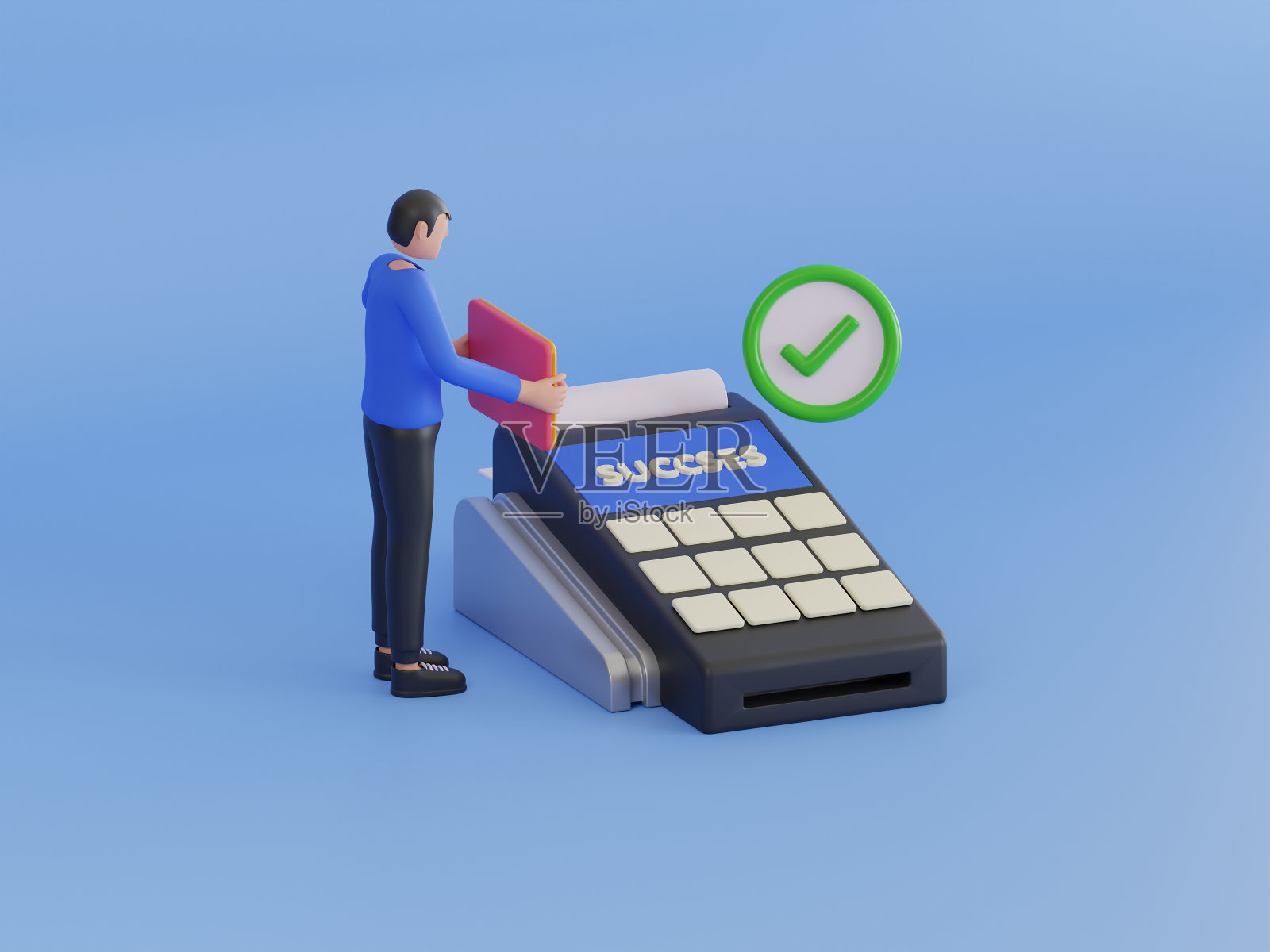 通过借记卡无线移动支付的3d插图。非接触式支付。带卡的3D支付终端照片摄影图片