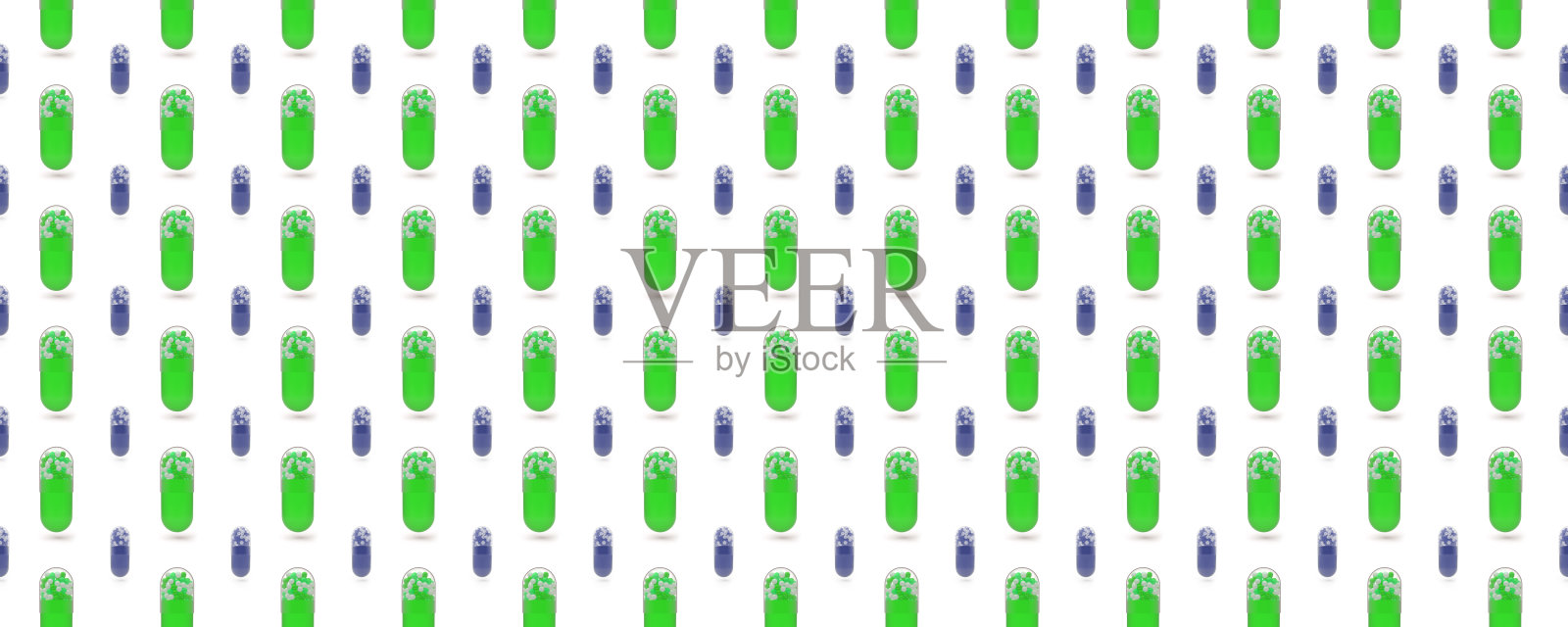 无缝模式的3D蓝色和绿色药丸在一个白色的背景。药片有大有小。照片摄影图片