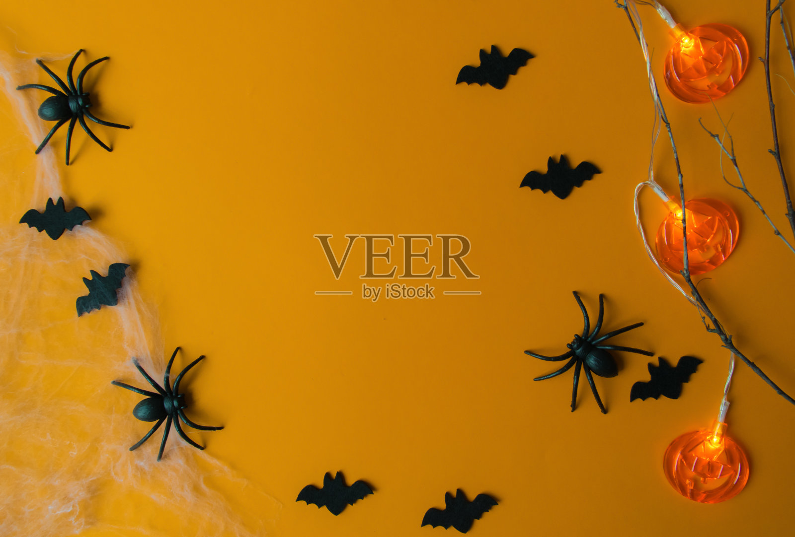 万圣节派对装饰。蜘蛛、南瓜、虫子和蜘蛛网。照片摄影图片