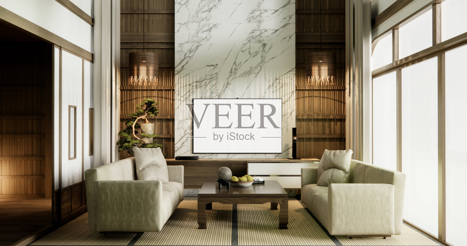 日式沙发和装饰上了现代房间内部的侘侘风格。照片摄影图片