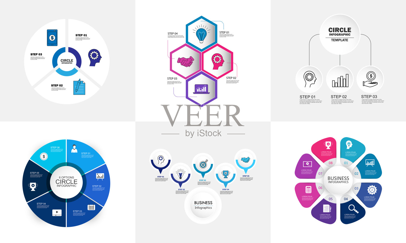 一套彩色信息图表模板,有3-8个选项插画图片素材