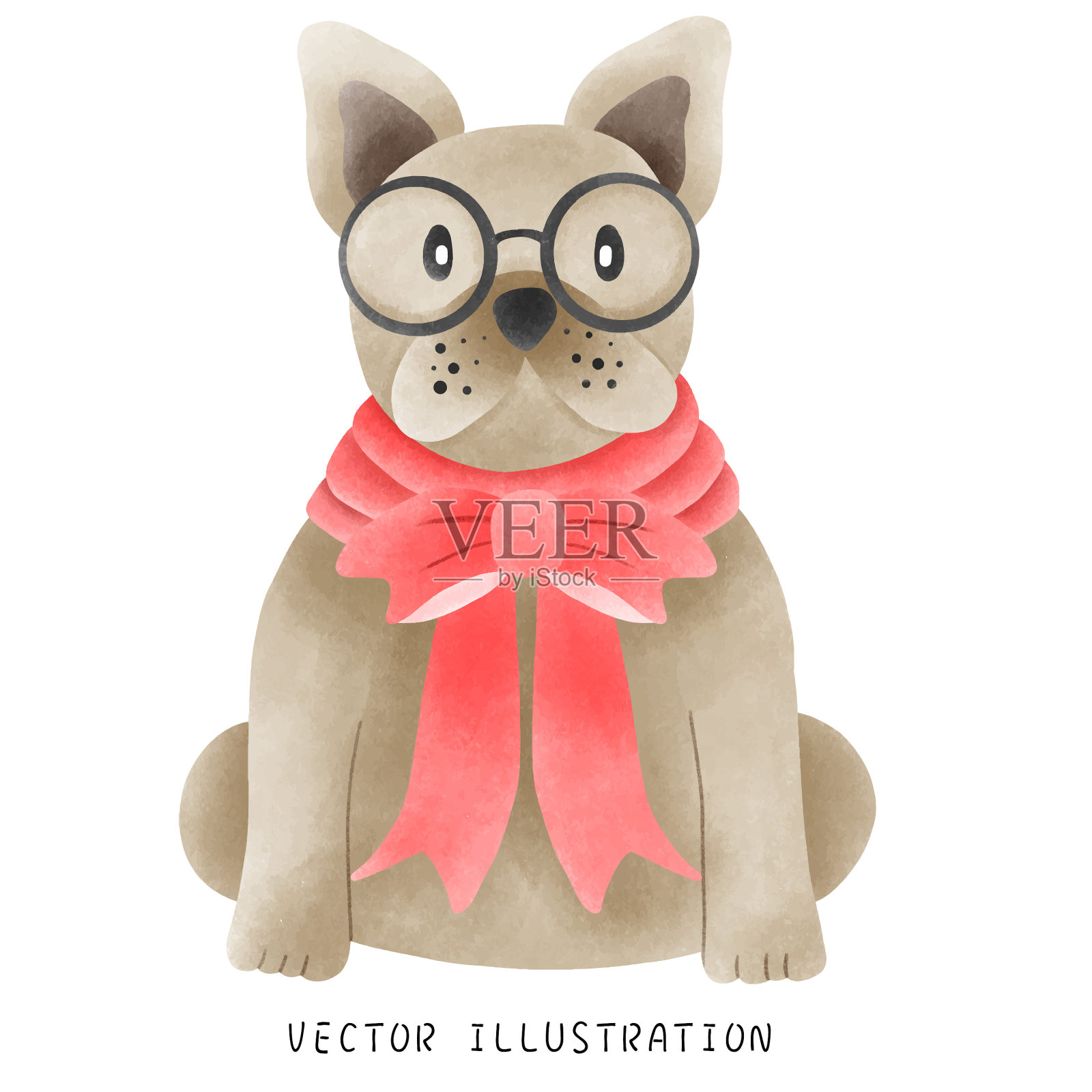 水彩风格法国斗牛犬戴圣诞帽-节日手绘插图插画图片素材