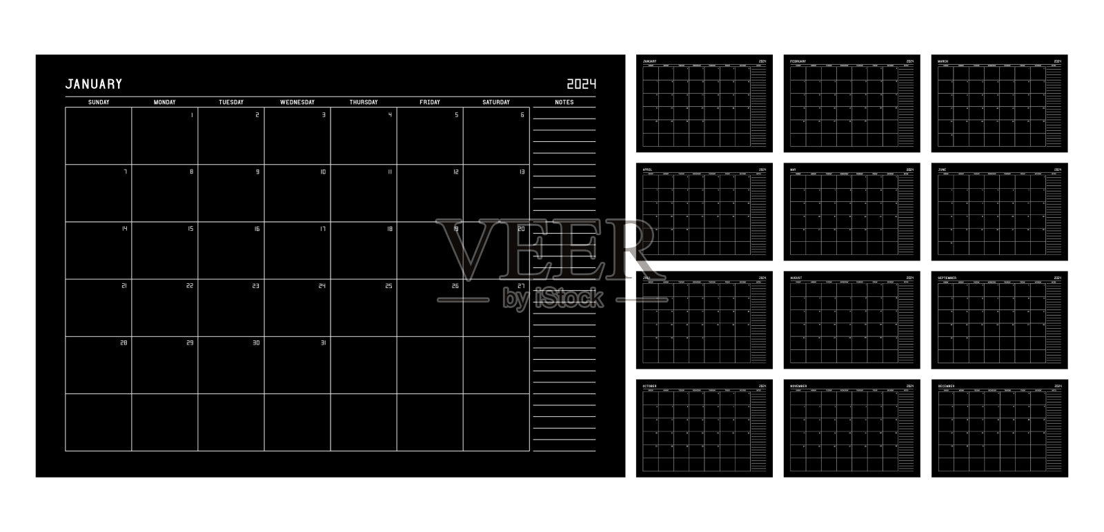 日历计划模板为2024年与黑色纸张插画图片素材