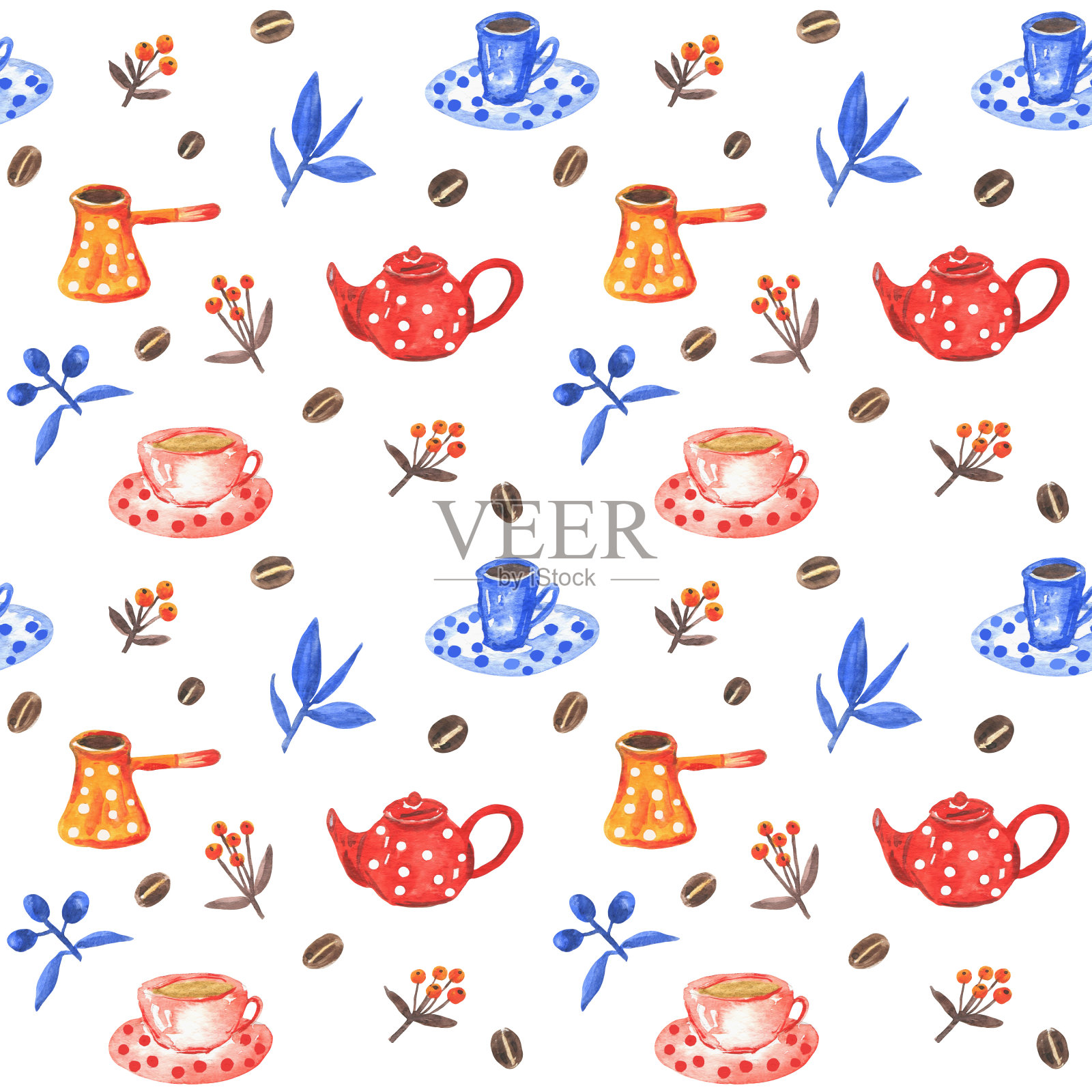 茶壶和杯子用水彩画的无缝图案插画图片素材