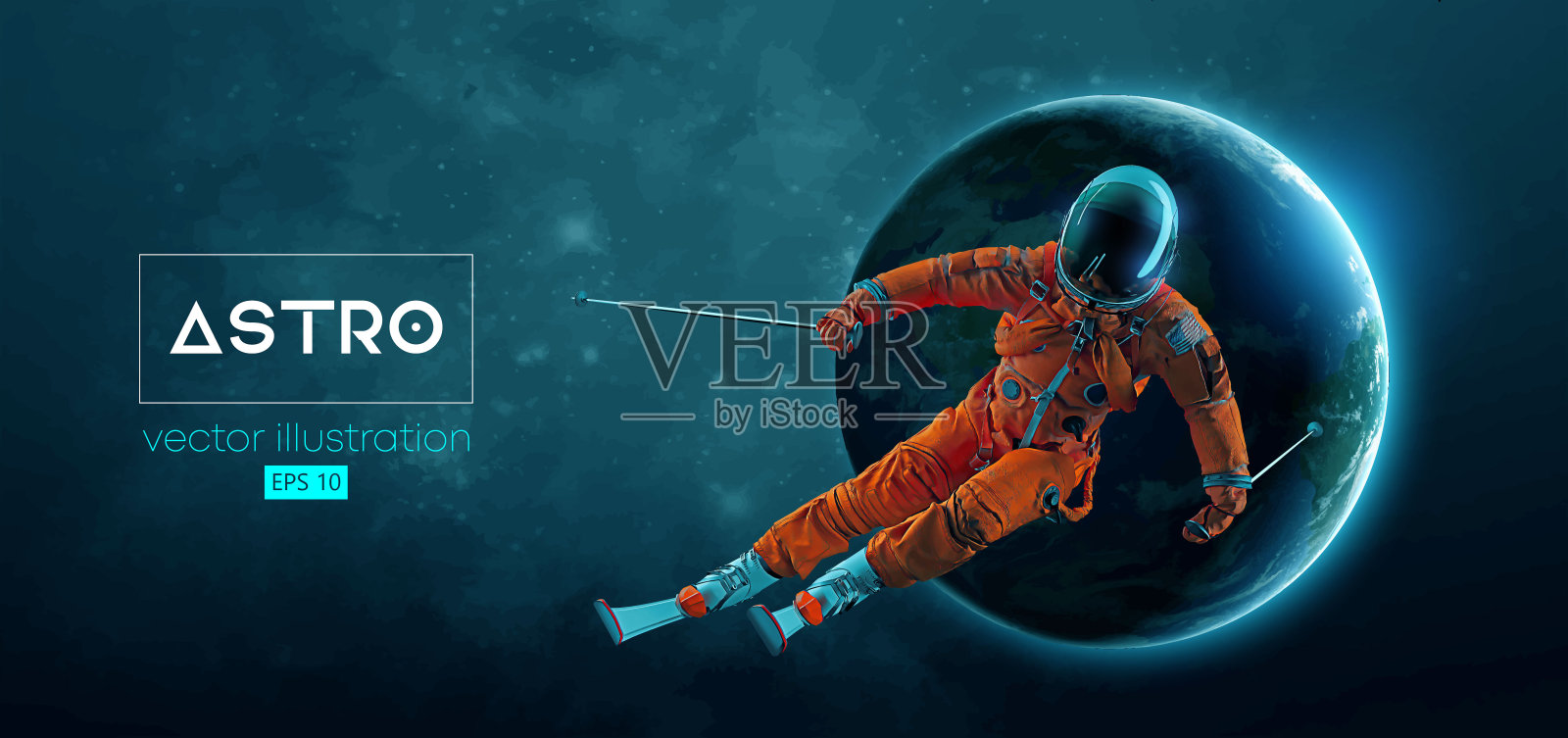 一个滑雪宇航员在太空中动作的抽象剪影和以地球、火星、行星为背景的太空。滑雪的人在表演特技。雕刻矢量3d渲染插图插画图片素材