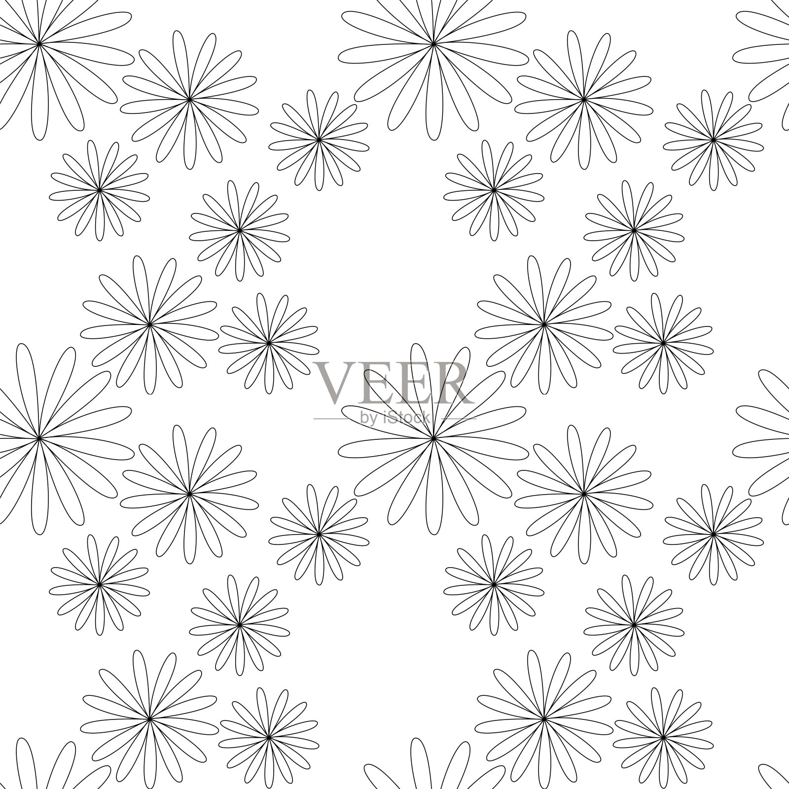 无缝抽象花卉图案。黑色,白色。矢量插图。植物结构。鲜花点缀。用于纺织面料、包装纸、背景、壁纸、封面的设计。插画图片素材