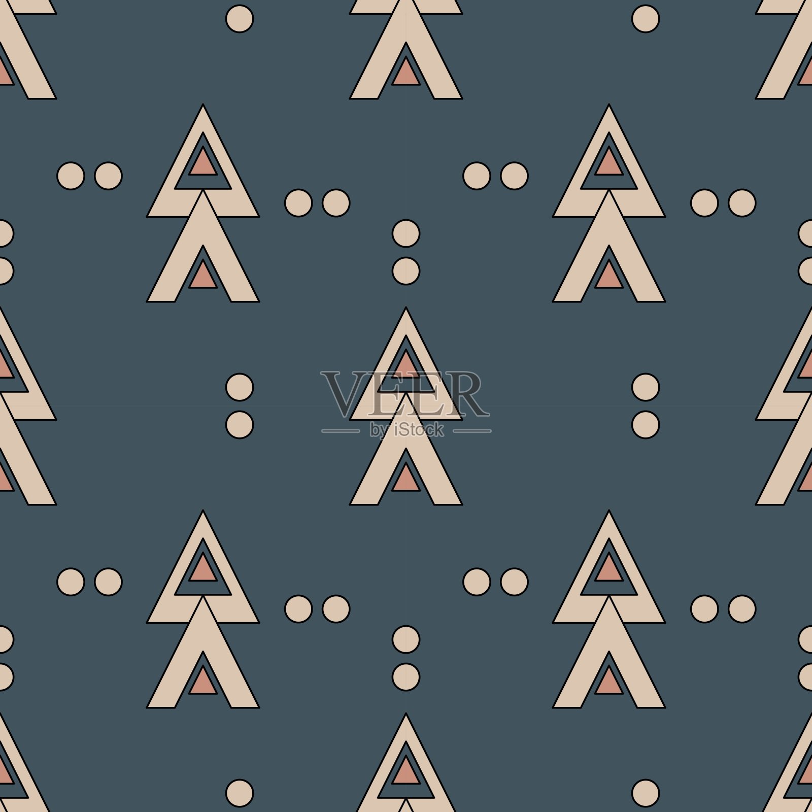 无缝抽象几何图案。深绿色、黑色、米色、棕色。矢量插图。三角形,圆点点缀。用于纺织面料、包装纸、背景、壁纸、封面的设计。插画图片素材