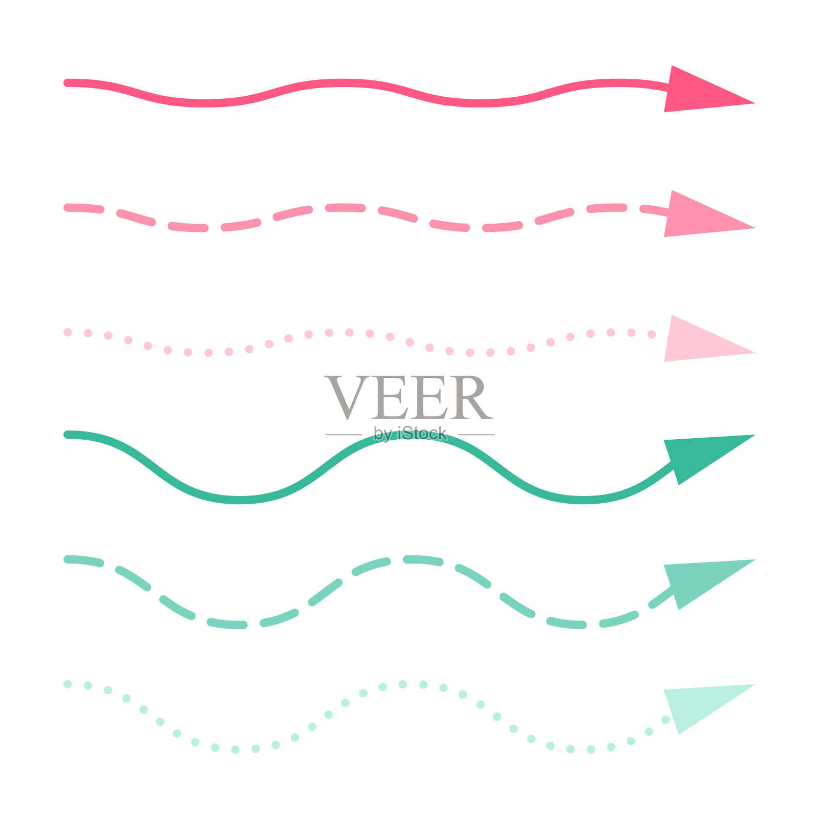 一组弯曲的、细的、多色的箭头插画图片素材