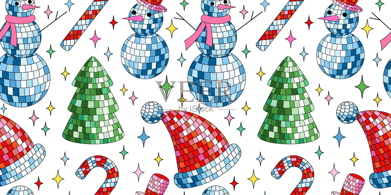 迪斯科镜子球雪人,圣诞老人帽子,糖果手杖在卡通风格的白色背景。插画图片素材