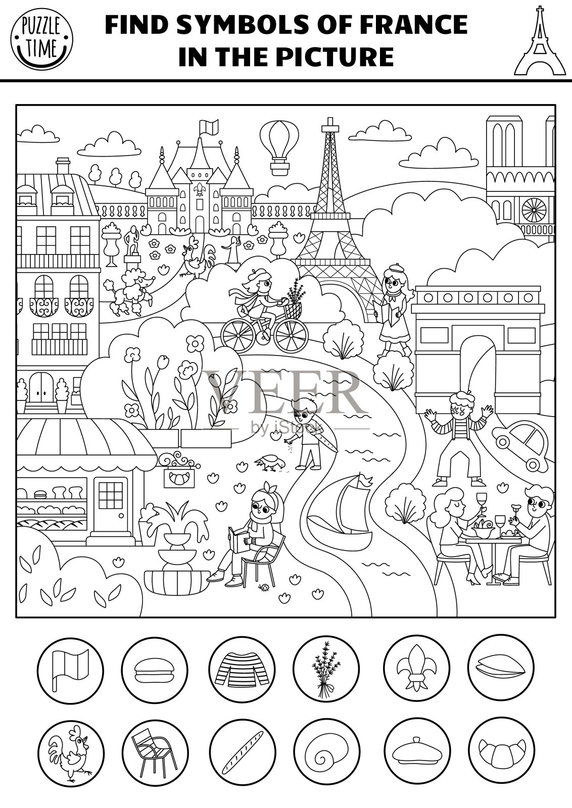 矢量黑白法国搜索游戏与城市景观,面包店。隐藏法棍面包,牛角面包。简单的法国寻找和发现教育印刷活动,着色页插画图片素材