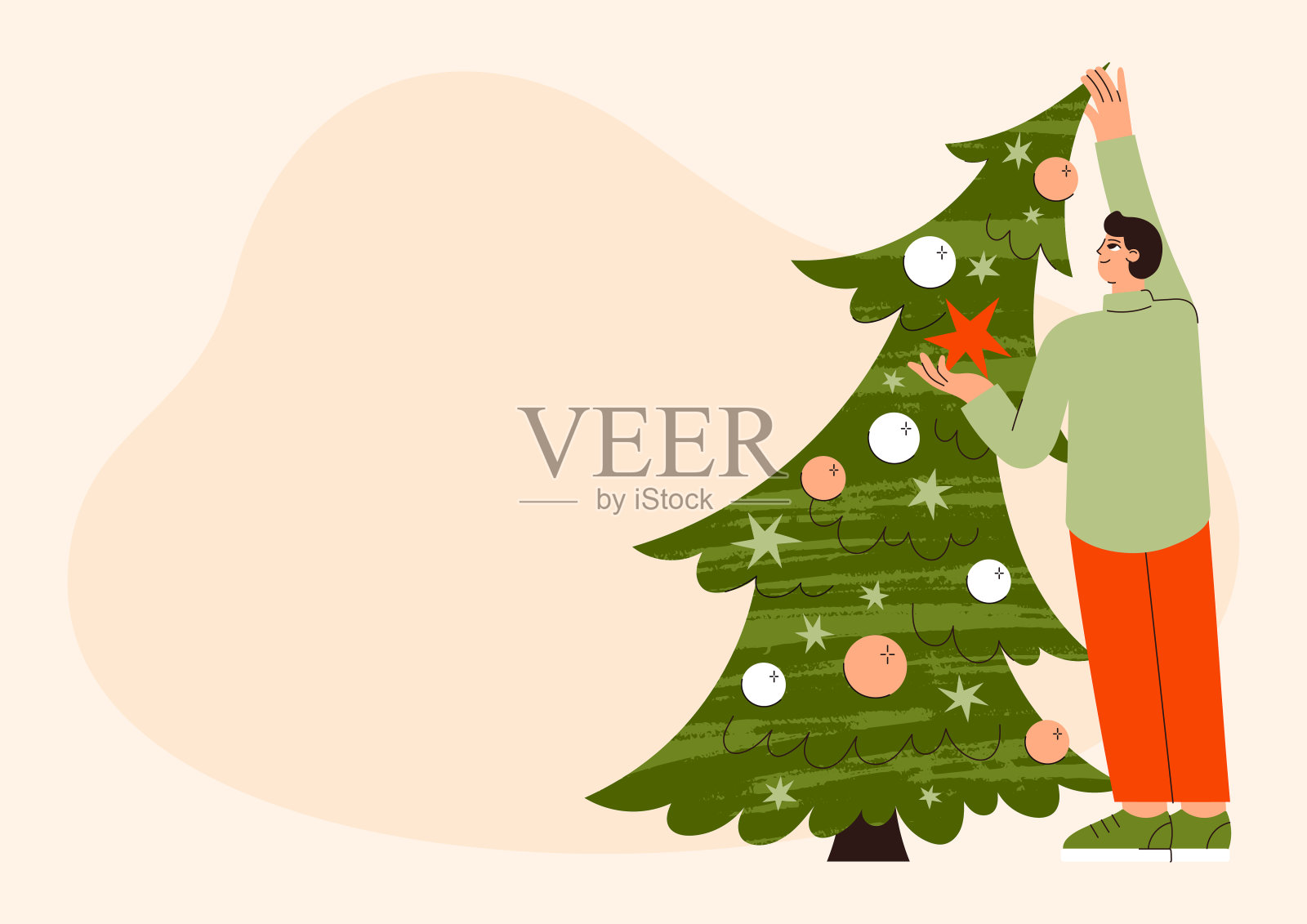 圣诞家伙矢量平面插图。年轻人装饰圣诞树。人们庆祝新年。冬天的假期。圣诞晚会插画图片素材