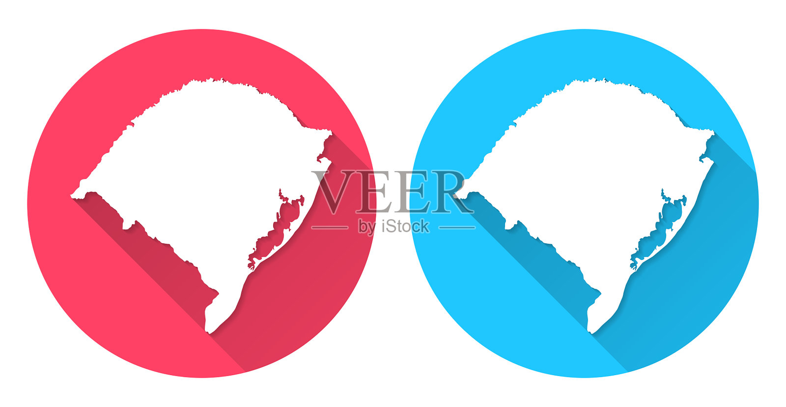 里约热内卢Grande do Sul地图。圆形图标与长阴影在红色或蓝色的背景插画图片素材