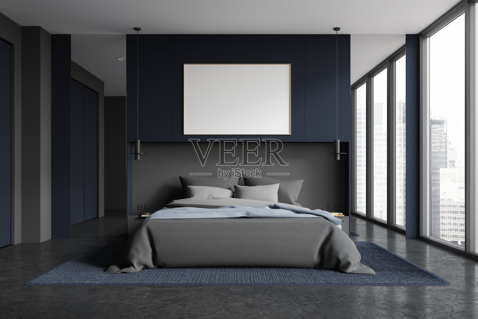 蓝色和灰色的卧室内部与海报照片摄影图片