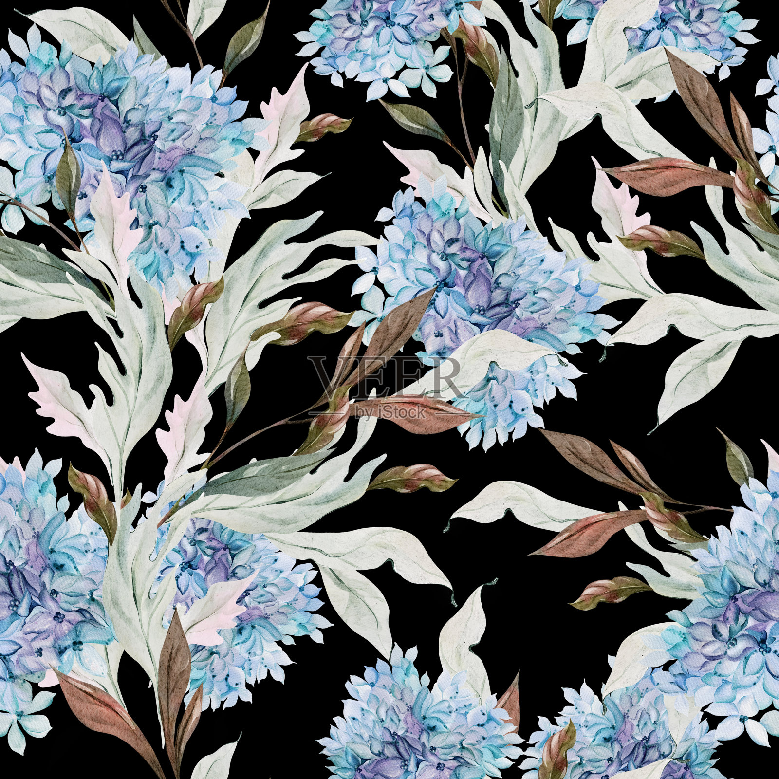 婚礼水彩无缝图案与绣球叶和花。插画图片素材