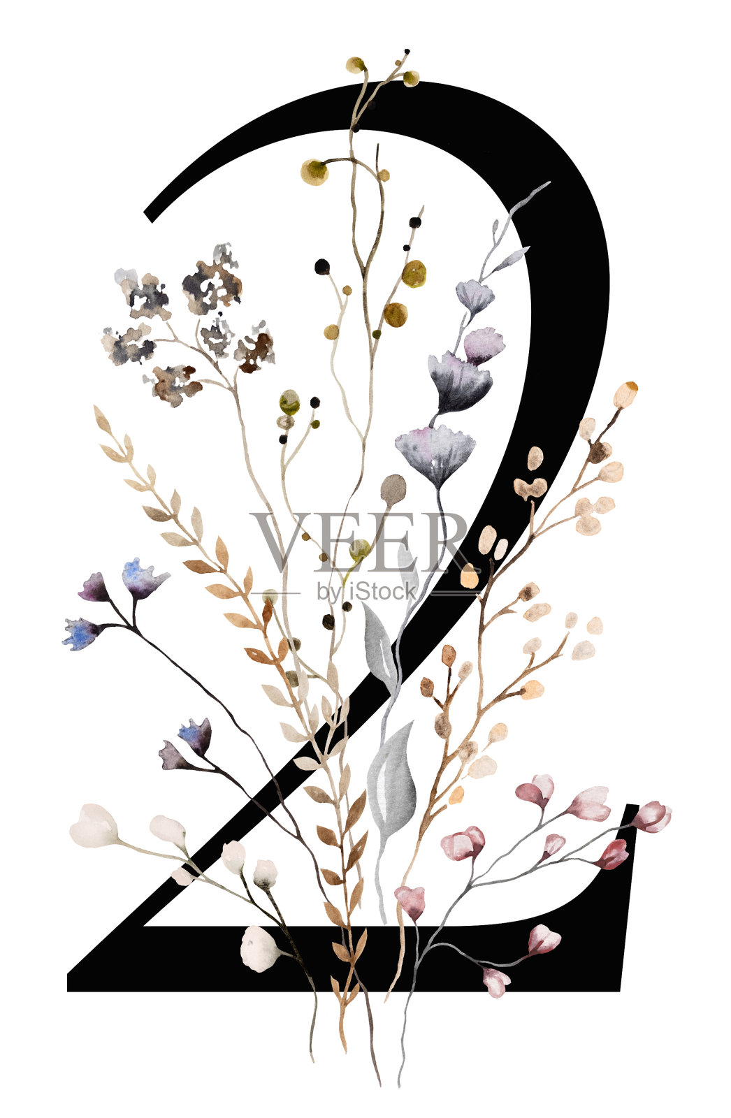 黑色数字2与棕色秋天水彩野花和树叶,孤立的插图插画图片素材