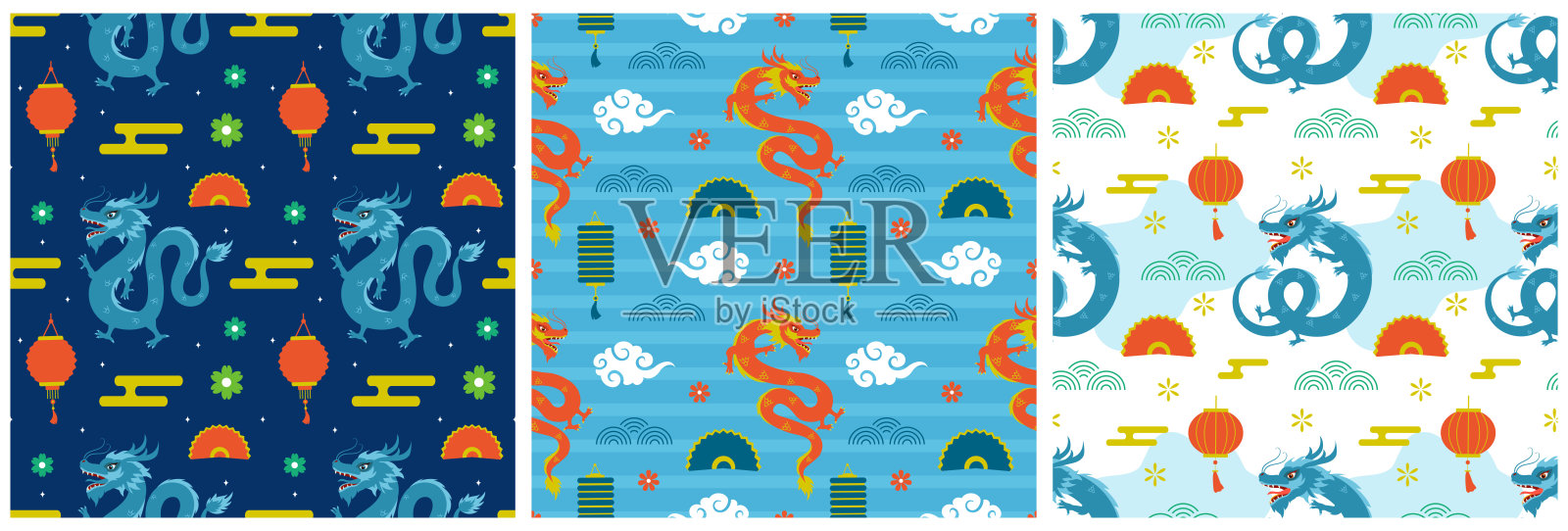 快乐中国新年2024无缝图案设计。译名:龙年。与灯笼,龙和中国元素在平面插图插画图片素材