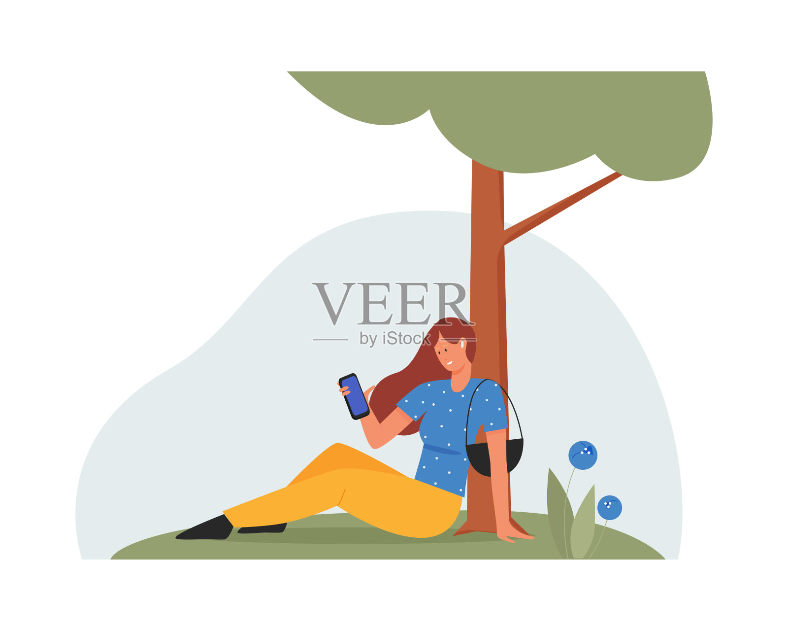 年轻女子拿着手机坐在夏日城市公园的树下,女孩微笑着插画图片素材