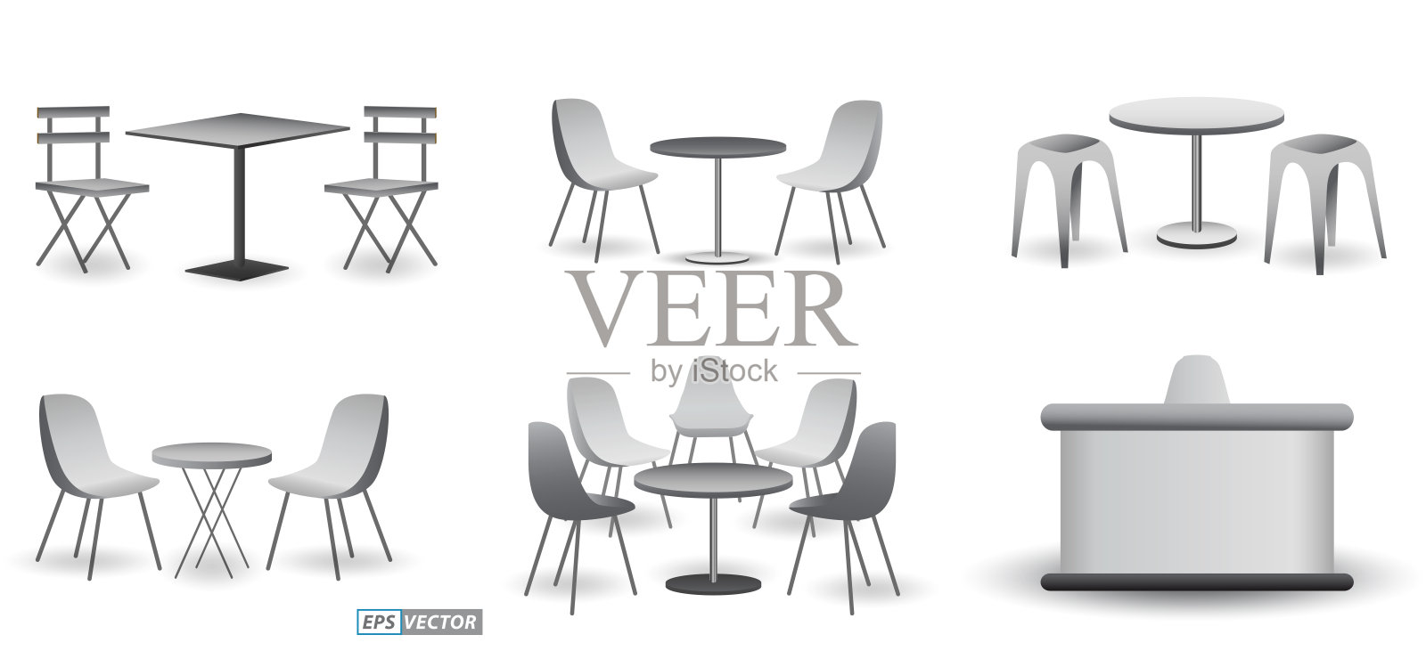 一套逼真的贸易展览椅和桌子或白色空白的展览亭或展台企业商业。三维渲染插画图片素材