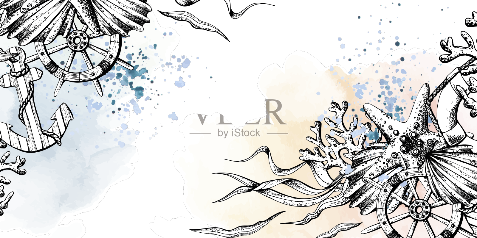 带锚舵和救生圈的海洋动物设计元素图片