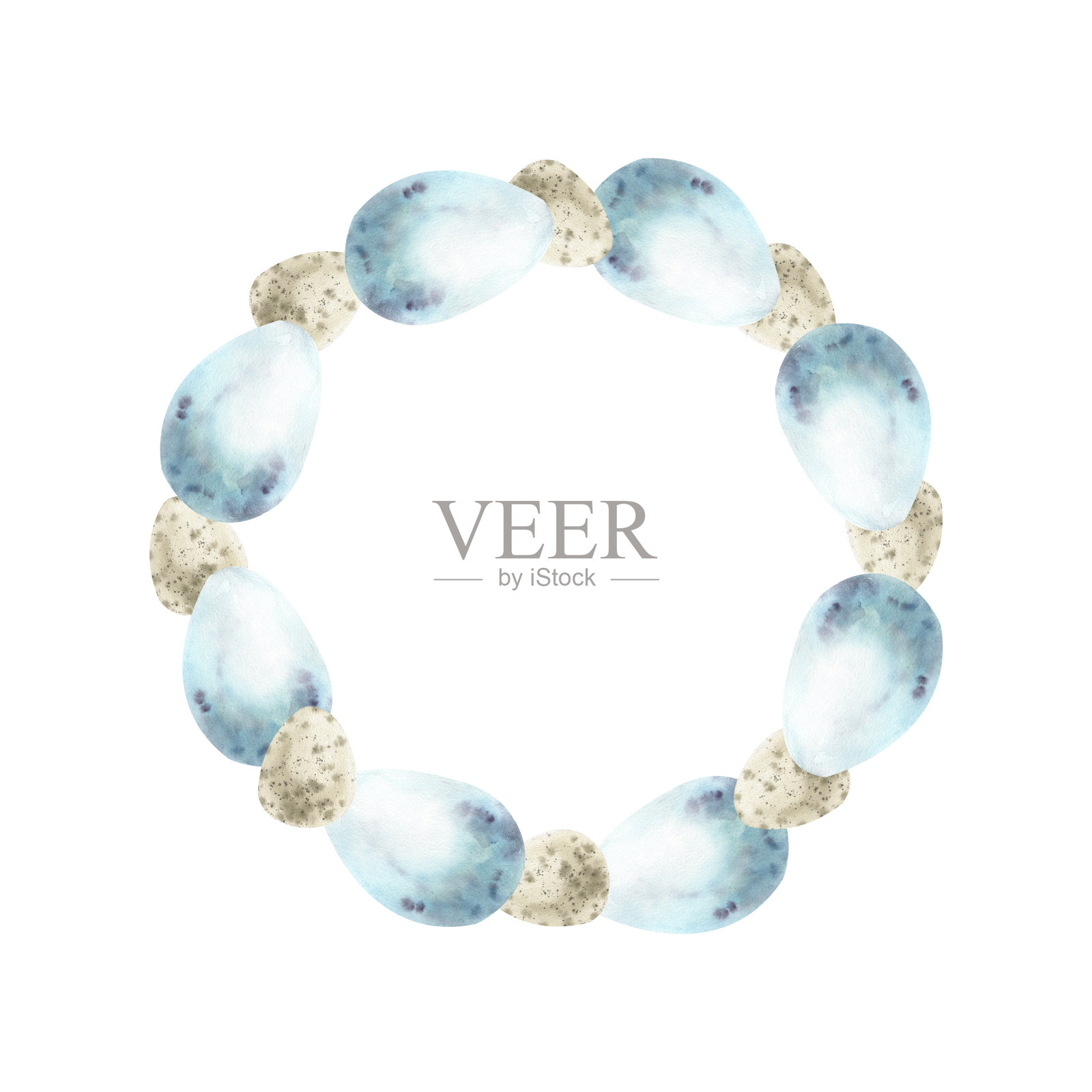 水彩复活节彩蛋花环插图。手绘圆形框架与蓝色苍白和米色鸡蛋假期,贺卡,邀请,包装设计插画图片素材