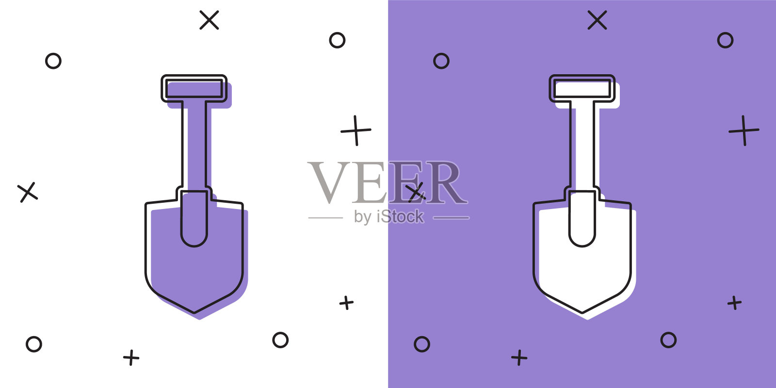设置铲子图标隔离在白色和紫色的背景。园艺工具。园艺、农业、耕作工具。向量插画图片素材